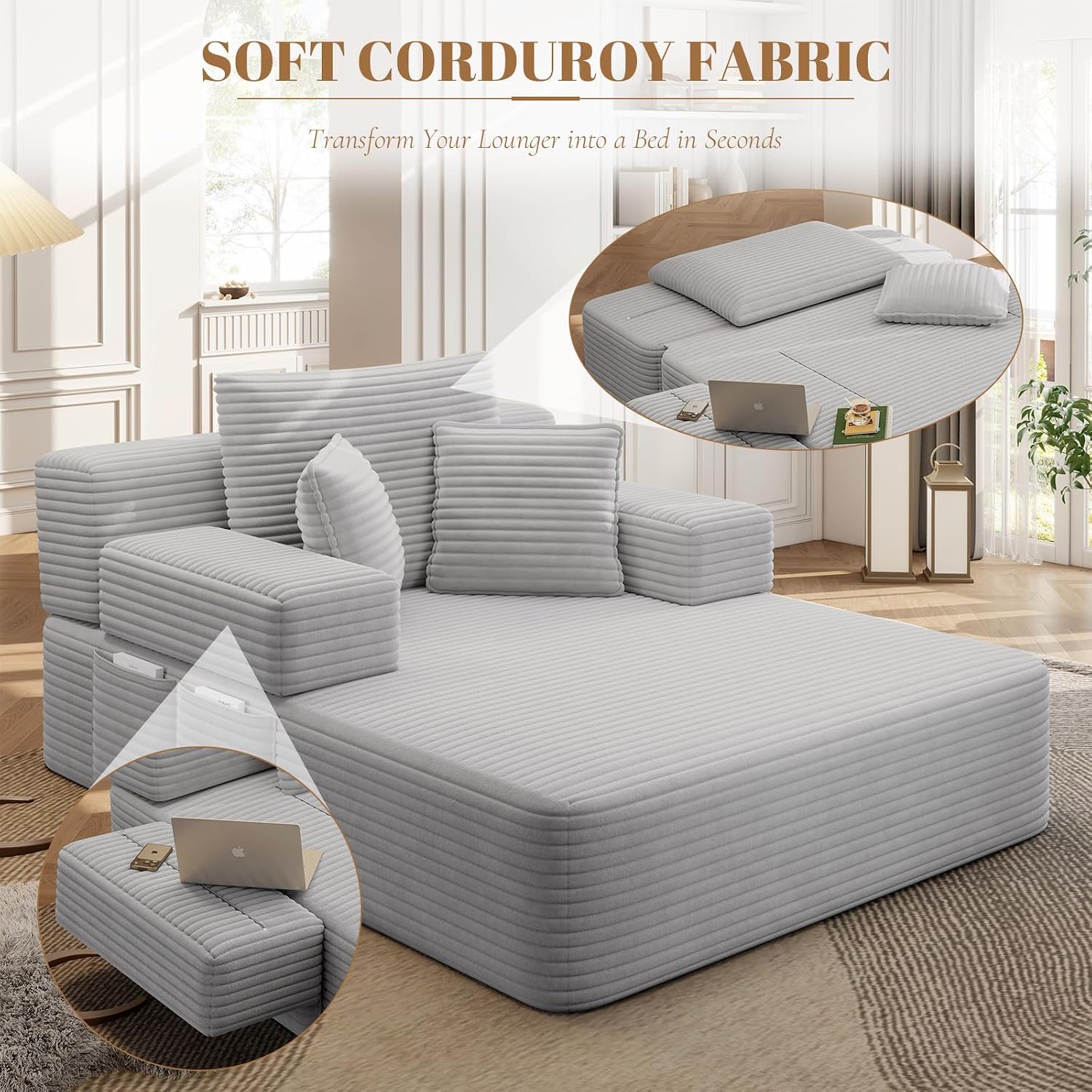 Boneless Chaise Lounge Chair Indoor, 60" Oversized Sleeper Couches W/Foldable Armrest Cloud Corduroy Upholstered Reading Chairs Floor Sofa Bed for Living Room No Assembly, Light Grey