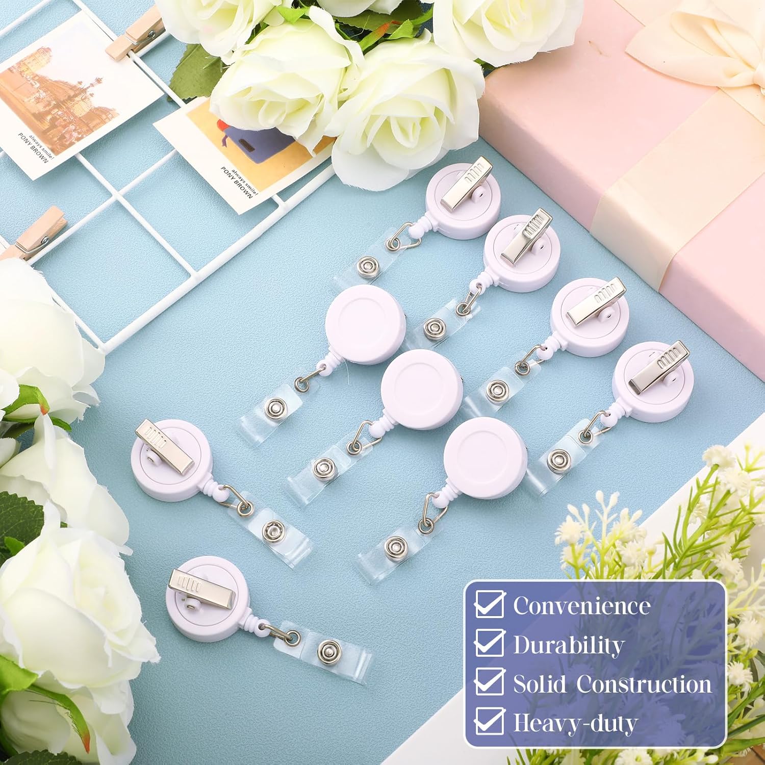 Qilery 60 Pcs Retractable Badge Holders, Badge Reel Clips with Swivel Alligator, ID Name Card Holders for Office Workers Students Teachers(White Color) - Image 7
