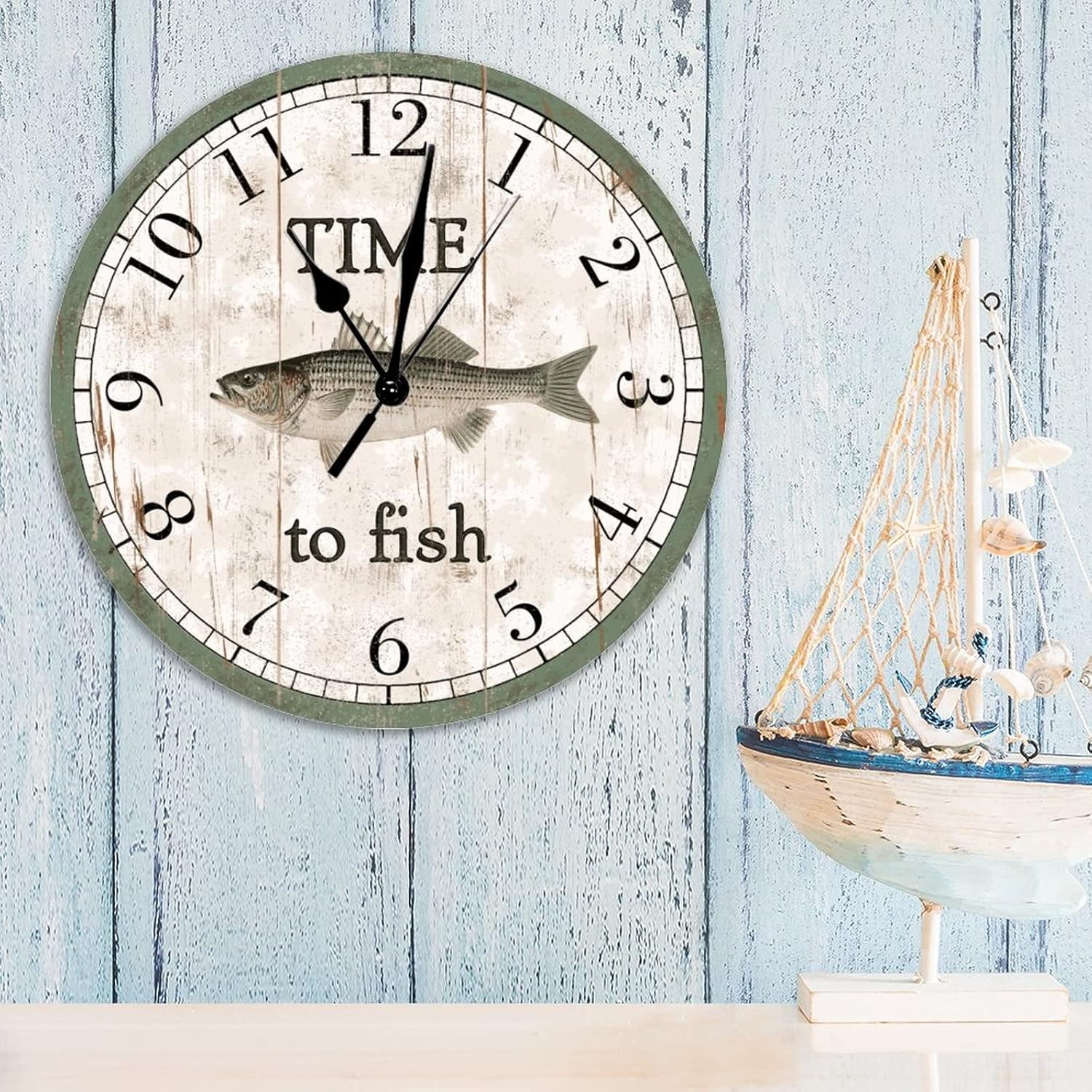 Time to Fish Round Wall Clock 15Inch Round Clocks Striped Bass Beach Decor Ocean Coastal Hanging Wall Clocks Silent Non Ticking Battery Operated Wall Clock Shabby Beach for Kitchen Dinning Room