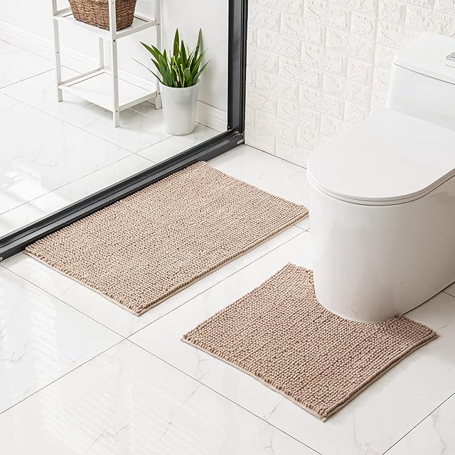 WAITER TREE Chenille Bath Rug, Extra Soft Non-Slip Bathroom Mat, Super Absorbent Bath Mats for Bathroom Toilet Shower (Sets 2 Piece, Light Brown)