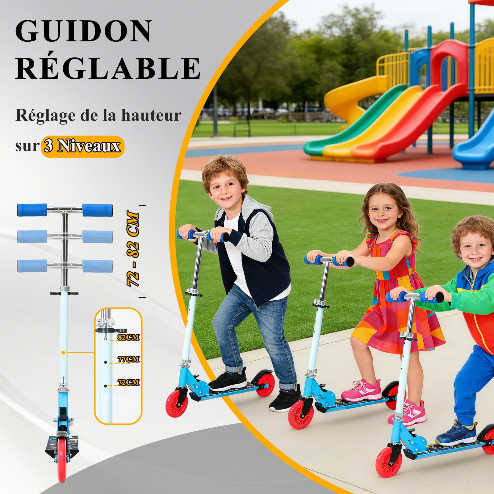 Trottinette Enfant 4-6 Ans Pliable, Trottinette Adolescent avec Guidon Réglable en Hauteur 3 Niveaux, Trotinettes Grande Roues et Poignée Antidérapant, Trotinette Ado/Enfant 95-130CM, 50KG