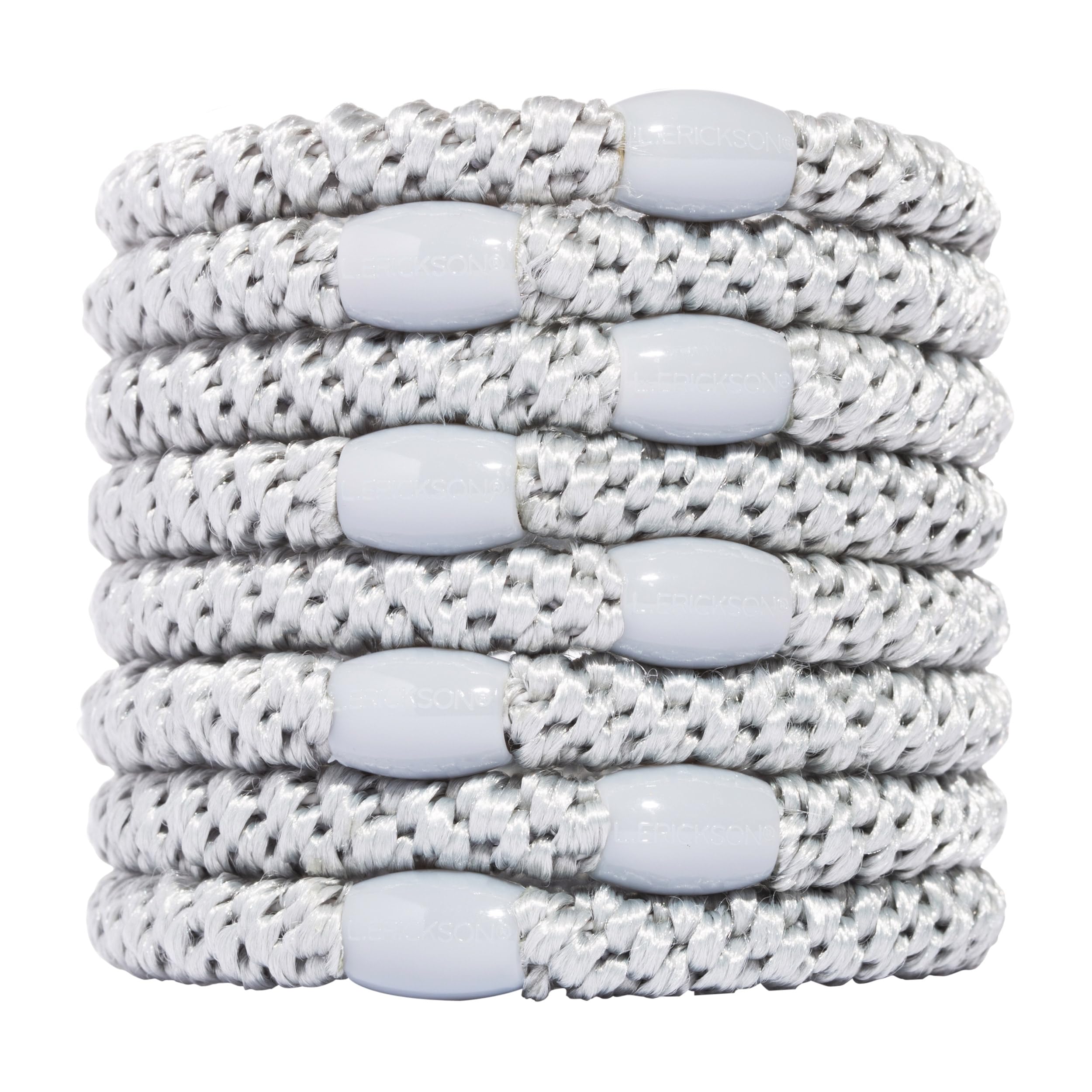 L. Erickson Silver Hair Ties for Thick Hair, Grab & Go Ponytail Holders, 8 Pack, Thick No-Crease Bands with Strong Hold, Damage-Free Design, Lightweight and Stylish