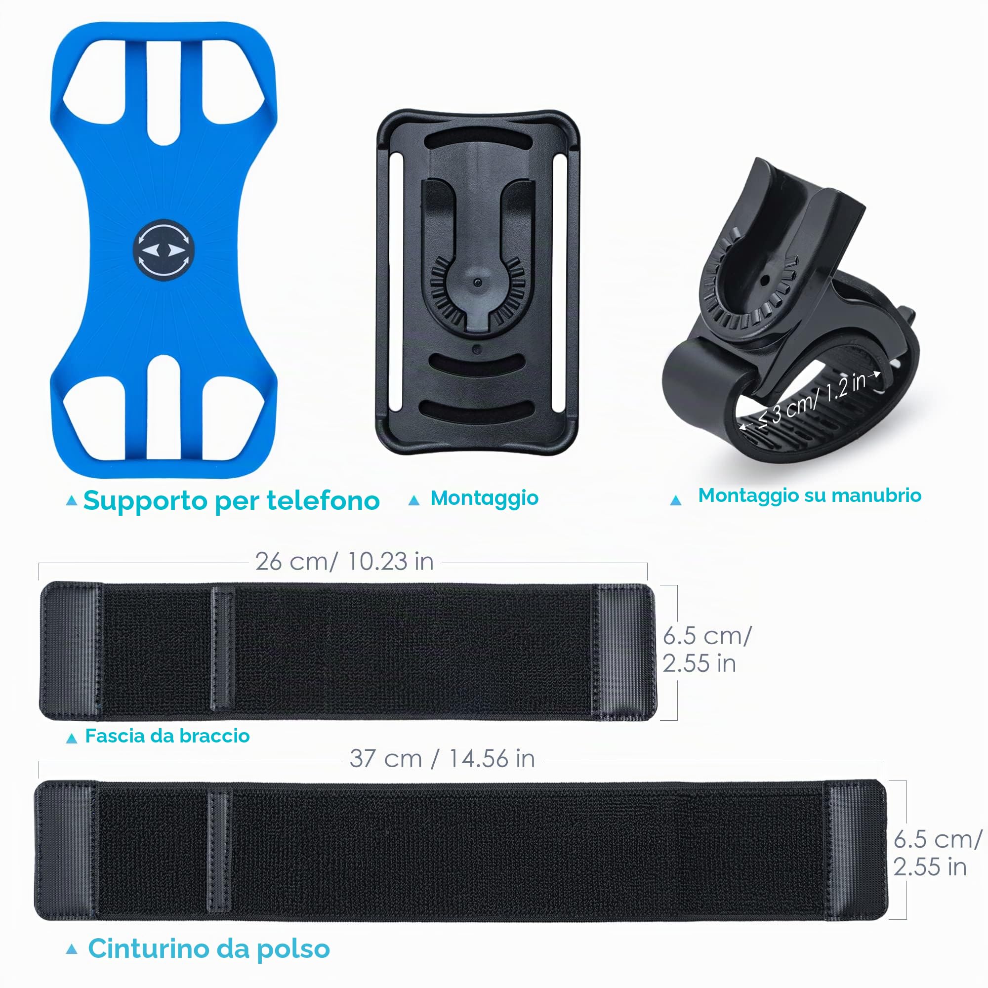 Cikyner Cinturino sportivo 3 in 1 per cellulare, corsa e bicicletta, girevole 360° e rimovibile, universale da 4,5-7" iPhone Huawei