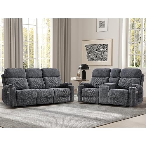 EBELLO Power Reclining Sofa Set, Fabric Electric Recliner Loveseat and 3 Seater Sofa Couch with Cup Holders, USB Type-C Charging Ports and Storage Space, 5 Seats for Small Living Room, Grey