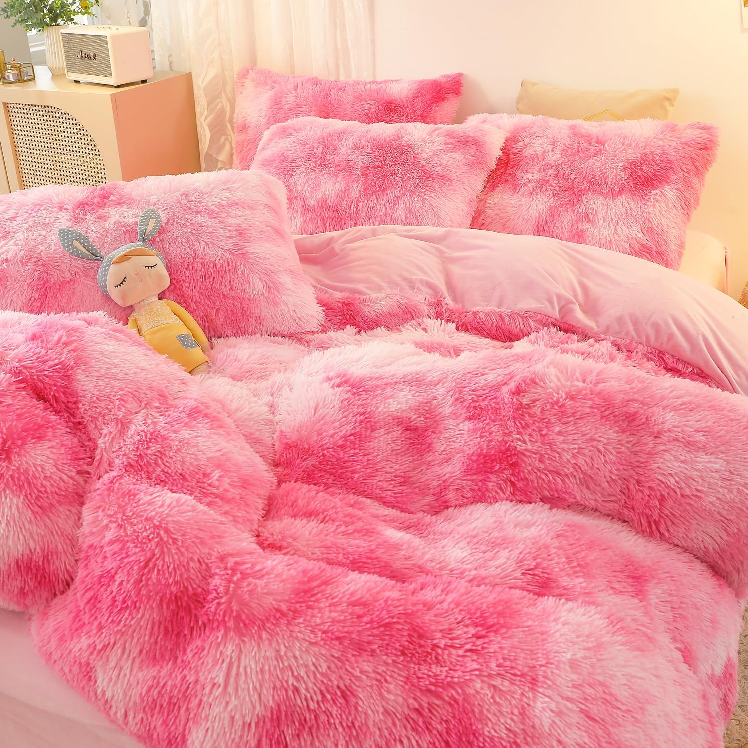 SUCSES Pink Fluffy Duvet Cover Set Twin Size Plush Shaggy Faux Fur Bedding Set for Girls Kids Teens Colorful Tie Dye Rainbow Furry Pink Comforter Cover Set (Hot Pink, Twin)
