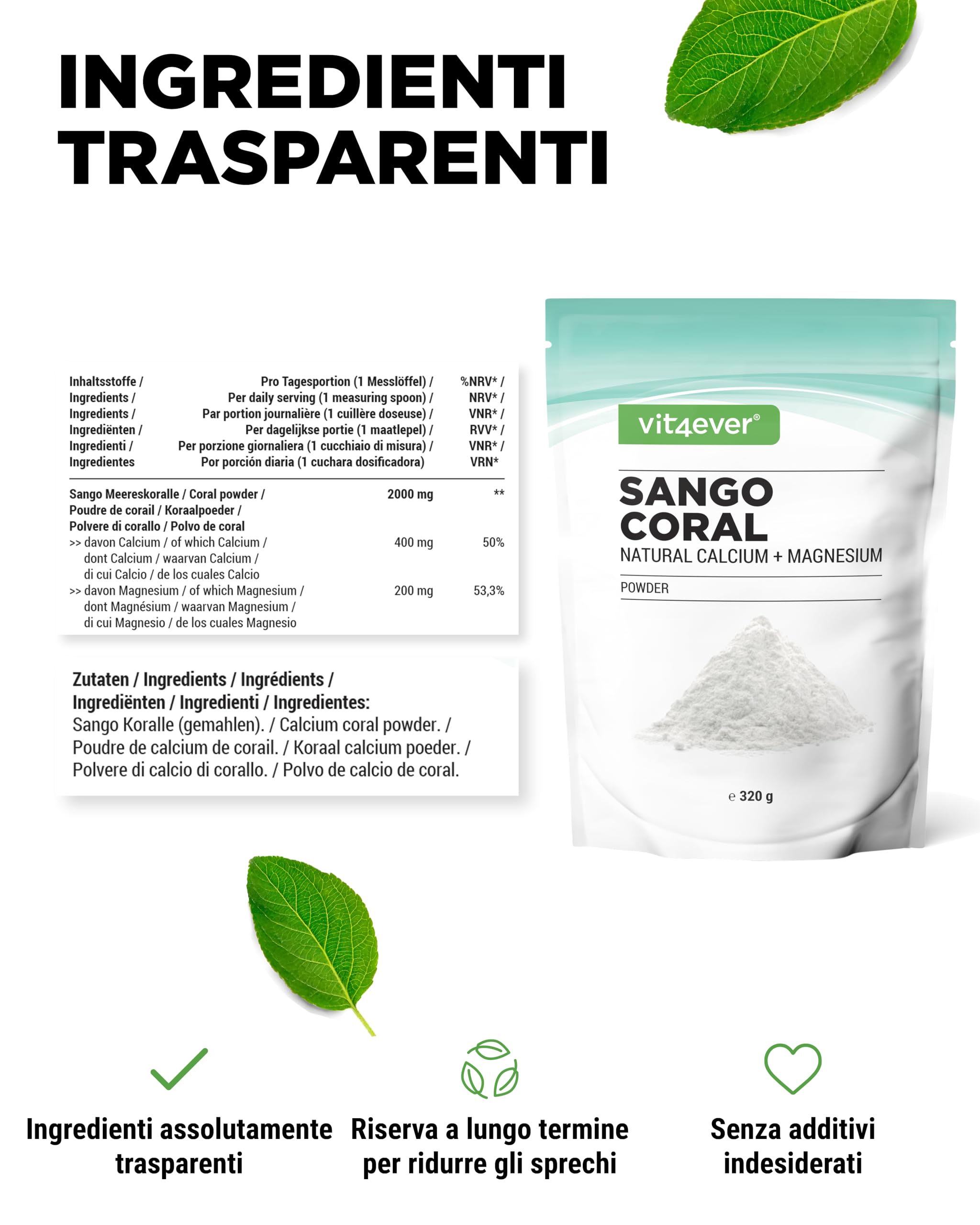 Corallo marino Sango - 320 g di polvere - Fonte naturale di calcio (20%) e magnesio (10%) nel rapporto 2:1 proprio dell'organismo - Nessun additivo
