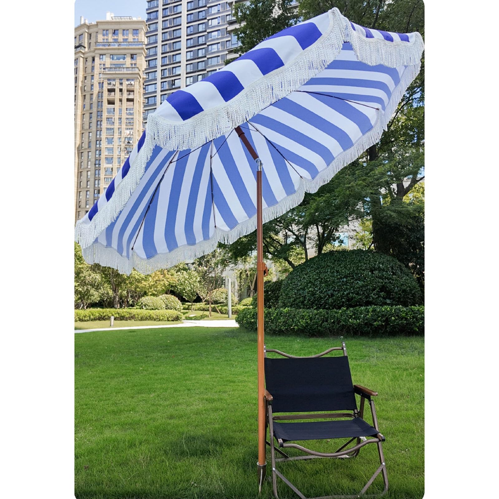 Niebiesko-zielono-różowy, Trójkolorowy, Wiatroszczelny Parasol Kempingowy, 8-żebrowy, Parasol Ogrodowy I Plażowy, Z Frędzlami