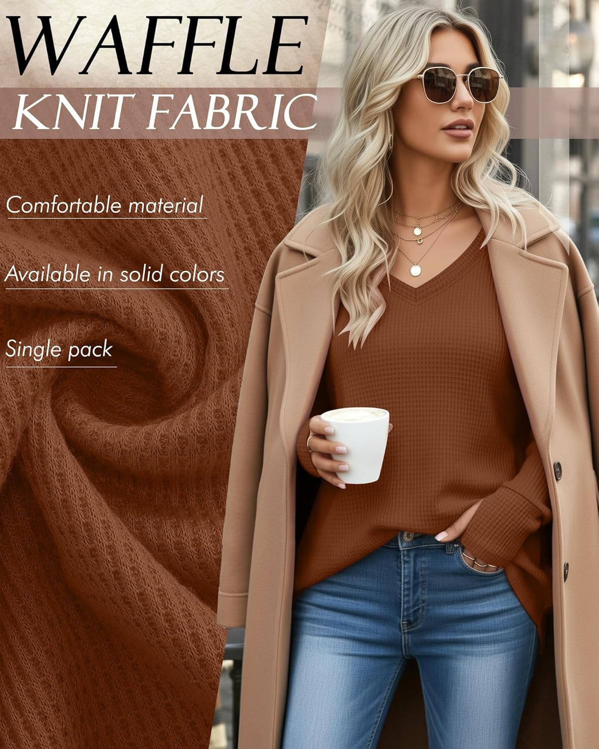 Women's Long Sleeve Waffle Knit Tops V Neck Curve Hem Long Shirts with Thumb Hole Oversized Casual Tunic Fall Shirt - Image 3
