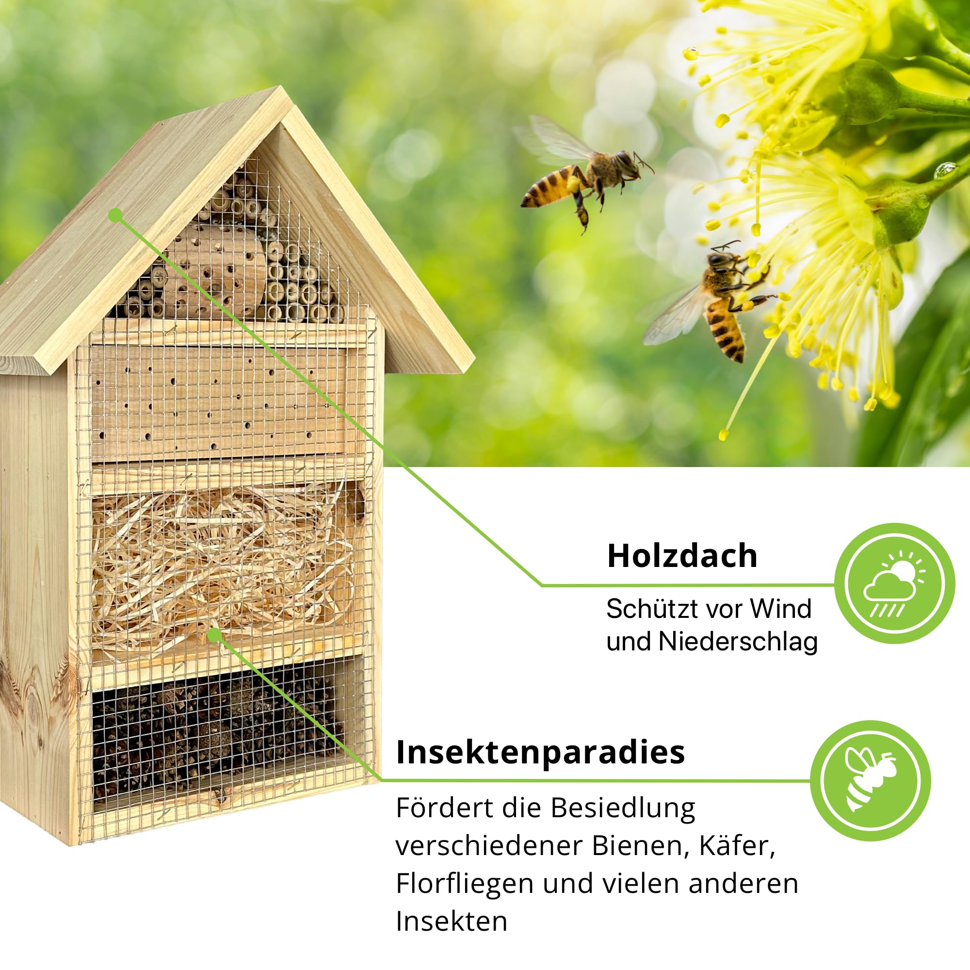GARTENETAGE Geschenkset Insektenhotel – Nachhaltiges Insektenhotel mit Blumenwiese-Saatgutmischung Gartenliebhaber – Natürliche Materialien, fertig montiert, mit Holzpfählen