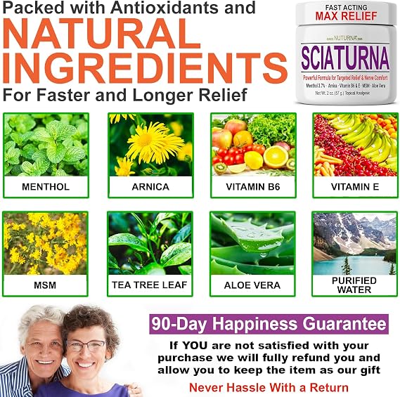 Sciatica Nerve Cream - Maximum Strength Comfort Cream for Feet, Hands, Legs, Toes, Back - Natural Ultra Strength Arnica, MSM, Menthol, Soothing Comfort, 2 Oz
