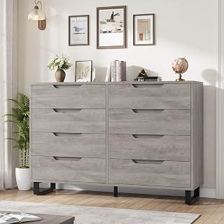 GarveeHome 8 Dresser for Bedroom, 55" Wide Dresser, Freestanding Horizontal Drawer with Storage, Wooden Closet Chest Storage for Living Room, Hallway, Entryway, Ash Grey