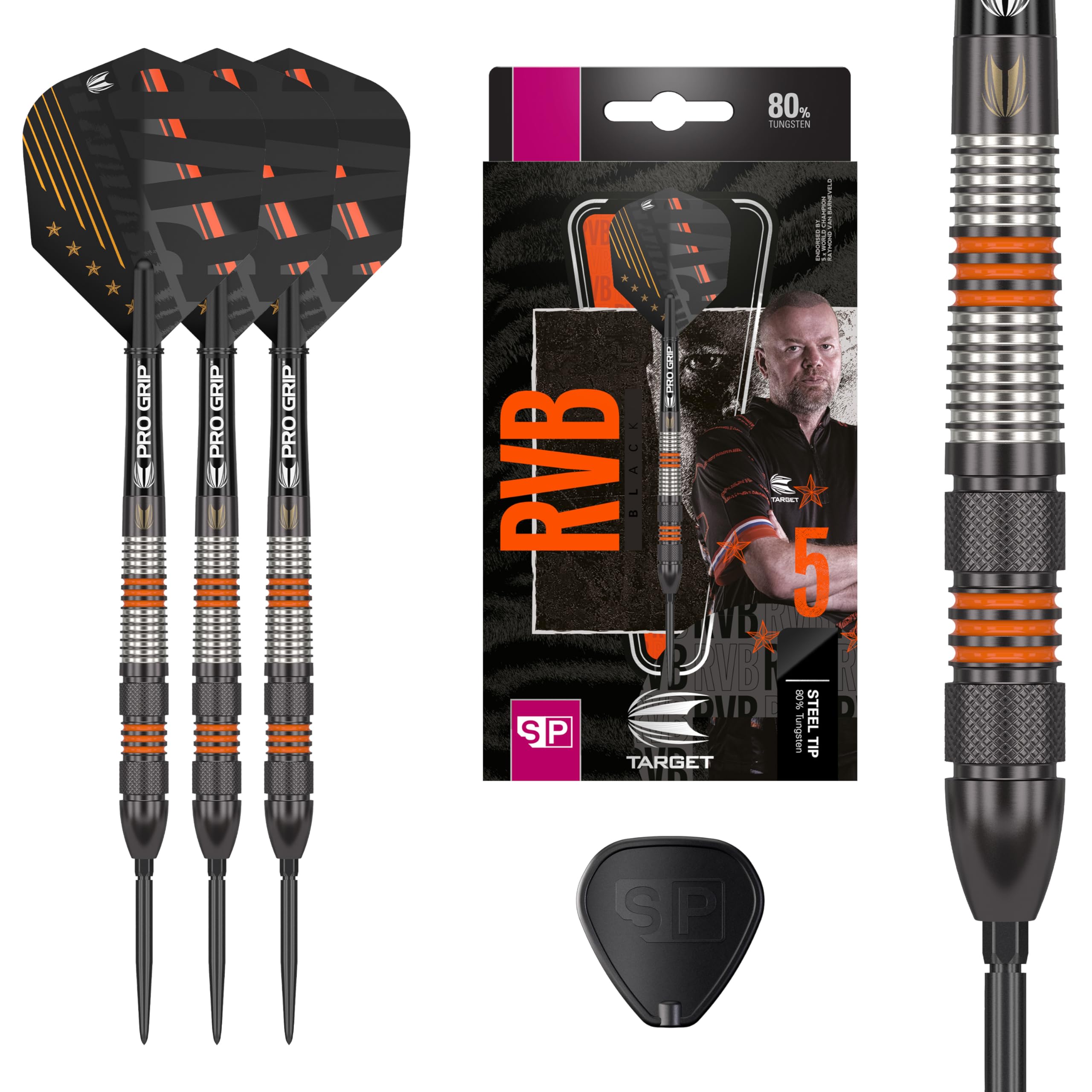TARGET Darts Raymond Van Barneveld RVB 80 Black G2 80% Tungsten Swiss Point Steel Tip Darts Set