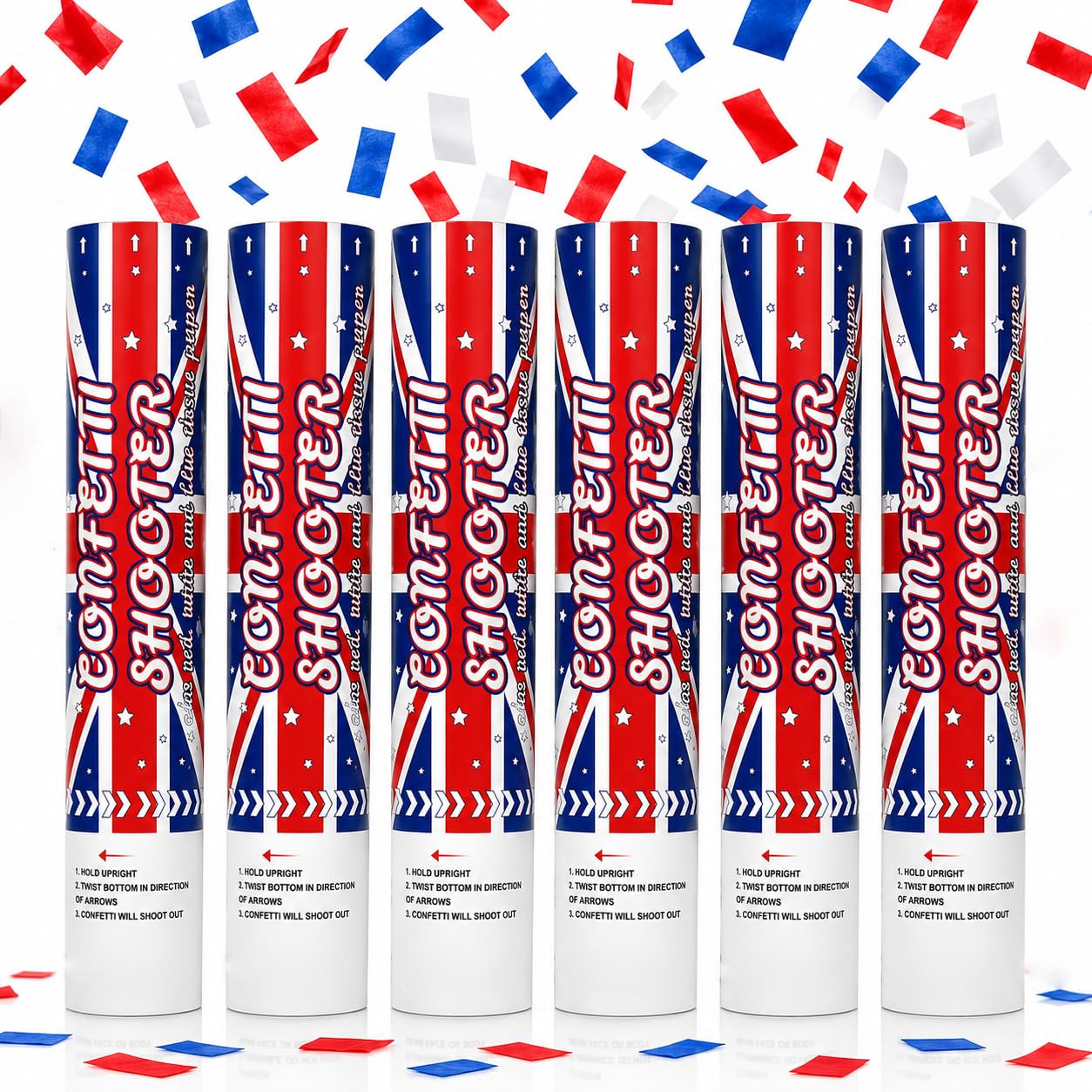 Union Jack Confetti Cannon Pack of 6-20cm Red White & Blue