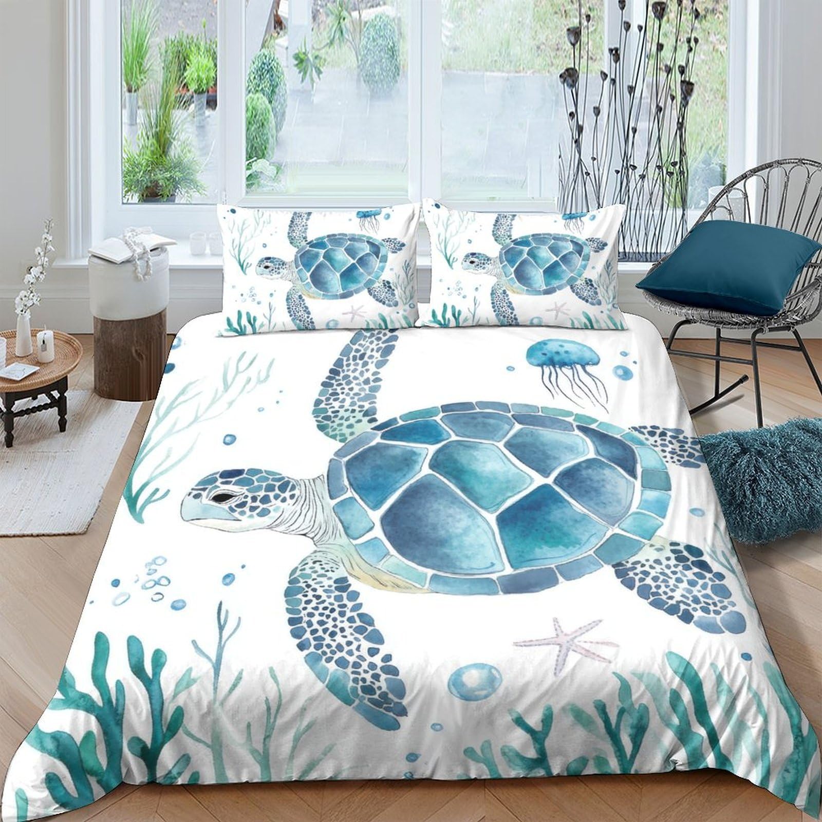 GPLZQXKJNH 3D Printed Sea Turtle Ocean Duvet Cover Microfiber Soft Breathable Coral Reef Bedding Set with 2 Pillowcases for Bedroom Decor Single（135x200cm）