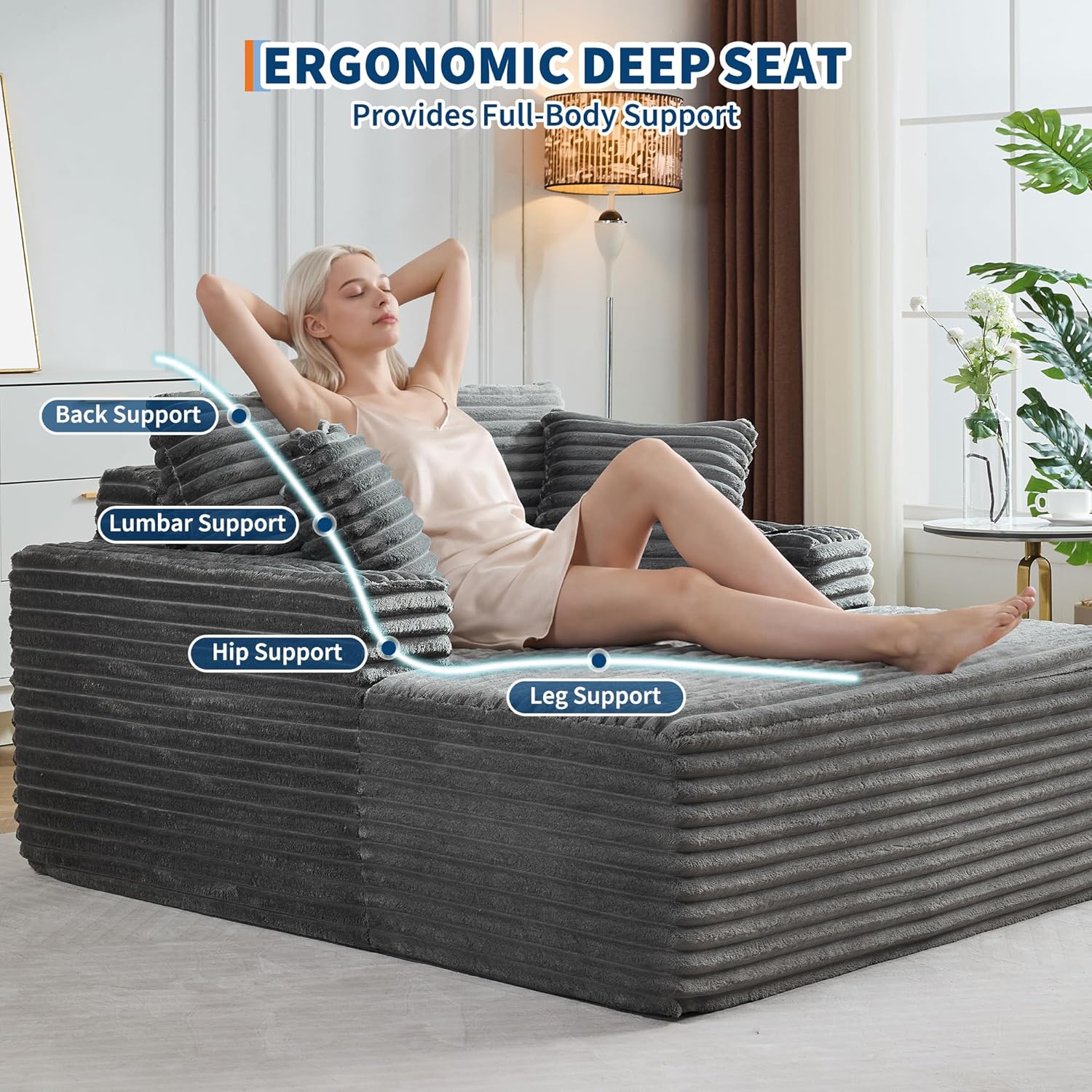 Garvee 64" Oversized Chaise Lounge Chair Indoor, Corduroy Upholstered Boneless Sofa Bed with 2 Pillows & 2 Cup Holders, No Assembly, Deep Seat Sleeper Couch Chairs for Living Room, Bedroom, Gray