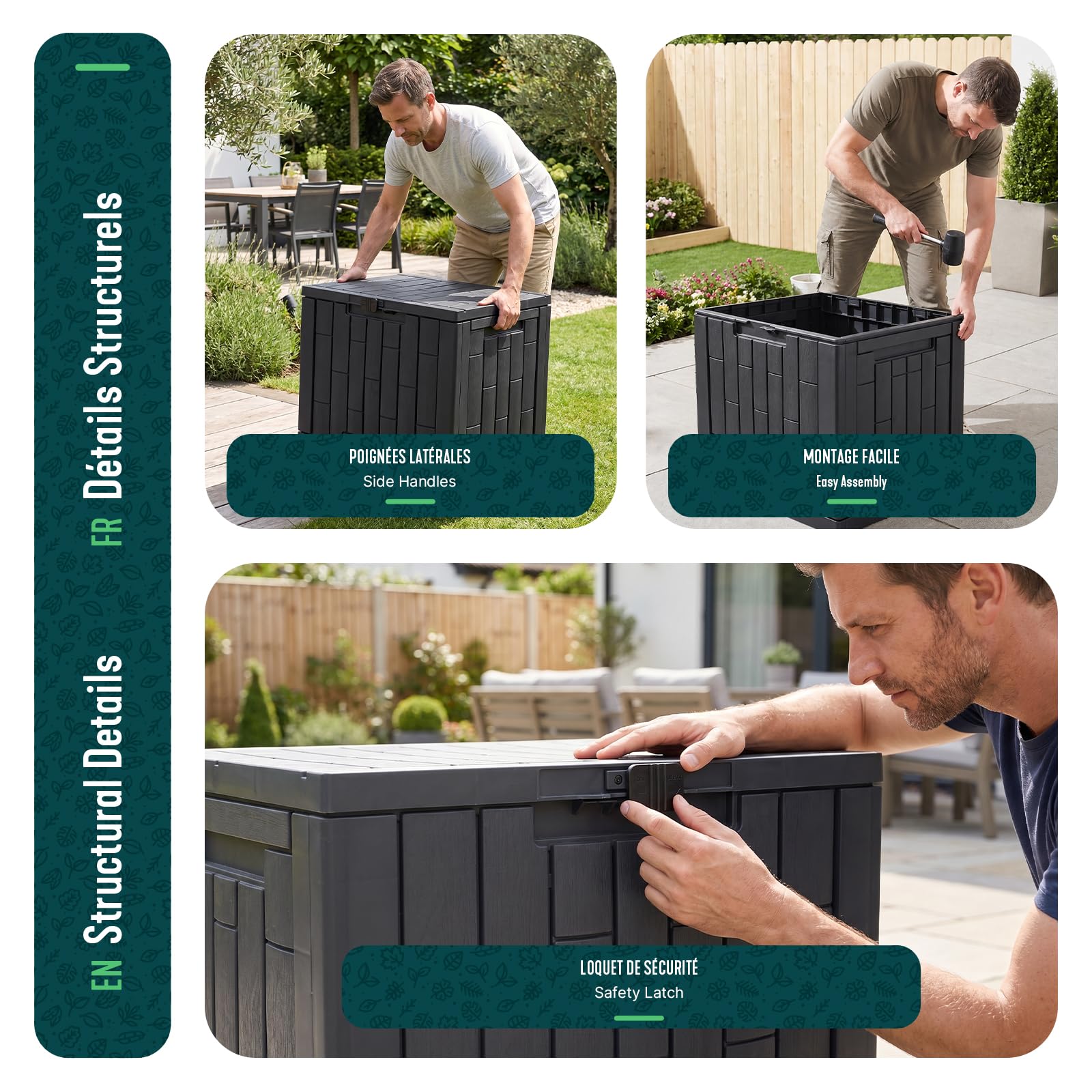 VOUNOT® Baule da Esterno 126L, Cassapanca da Giardino Impermeabile e Resistente ai Raggi UV con Chiusura Integrata, Coperchio Maniglie Incassate 56x44x53 cm per Terrazza, Balcone e Piscina, Antracite