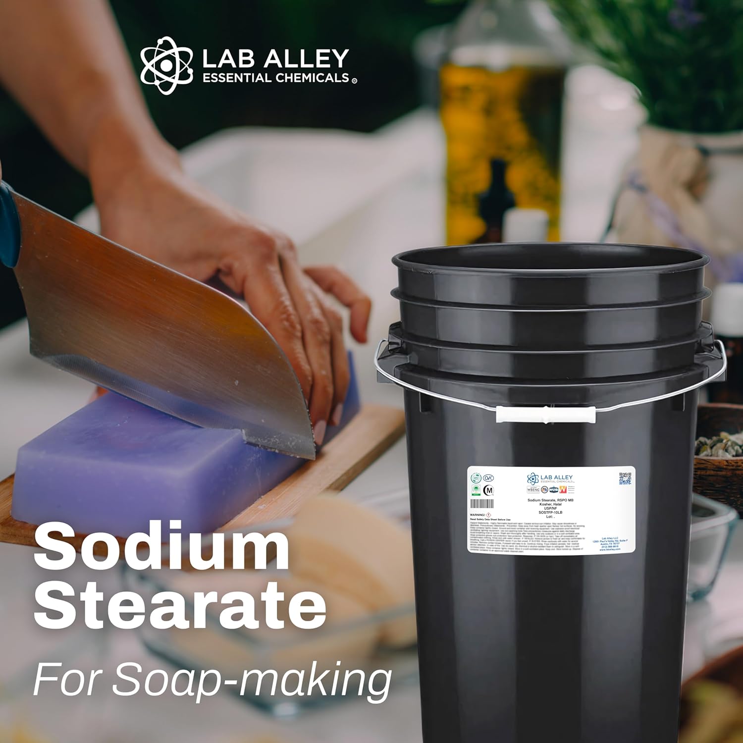 Lab Alley Sodium Stearate, Derived from Palm Oil, RSPO MB, Kosher, Halal, Emulsifier and Binder for Soap Making, Cosmetics, Food, and Pharmaceutical Use (20 Pounds)