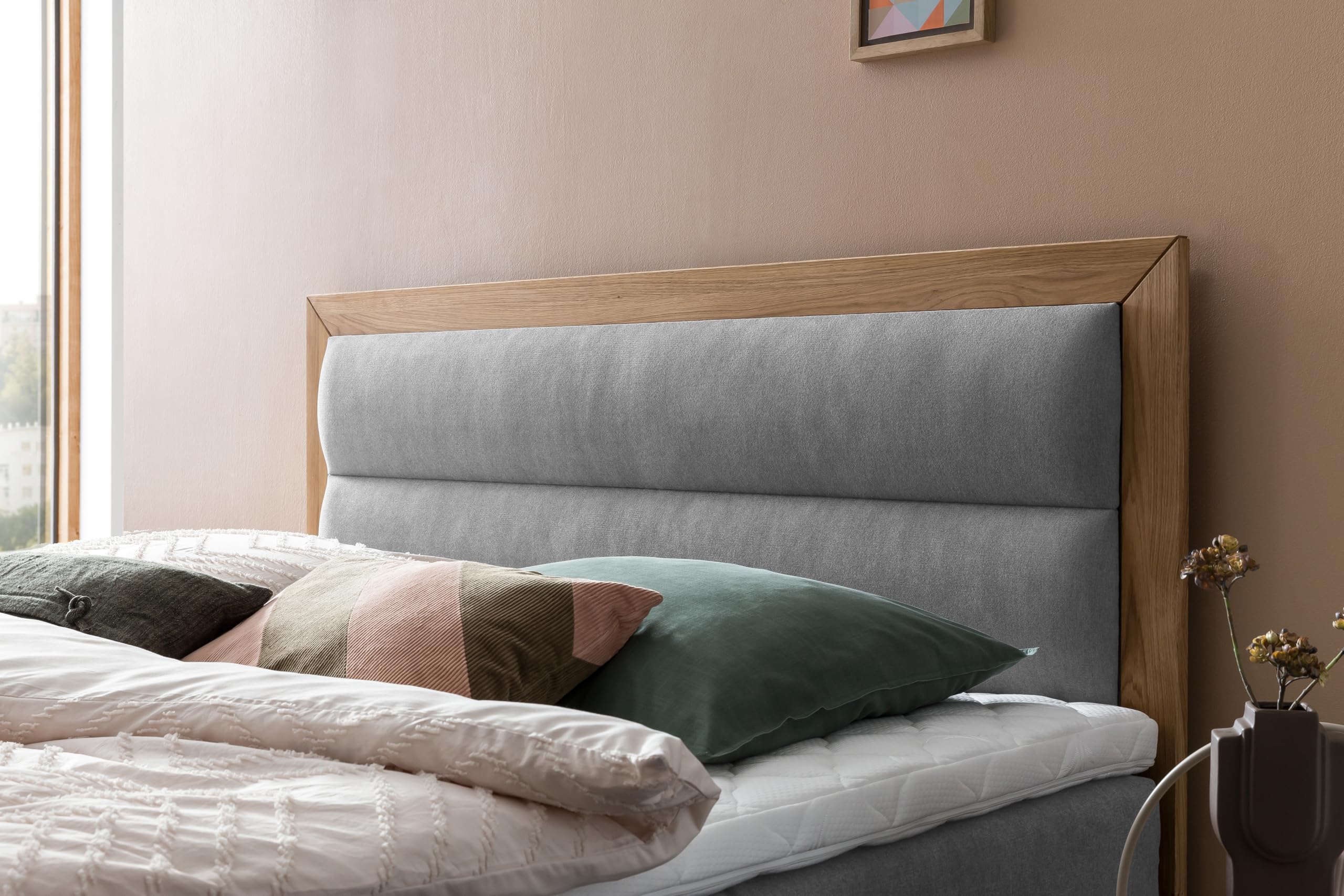 Belanoti MODELA Boxspringbett 160x200 elektrisch verstellbar 7-Zonen Taschenfederkern Matratze inkl Visco Topper Bett 160x200 mit Motor Farbe Hellgrau H2/H3 Polsterbett Motorbett Massivholz Eiche