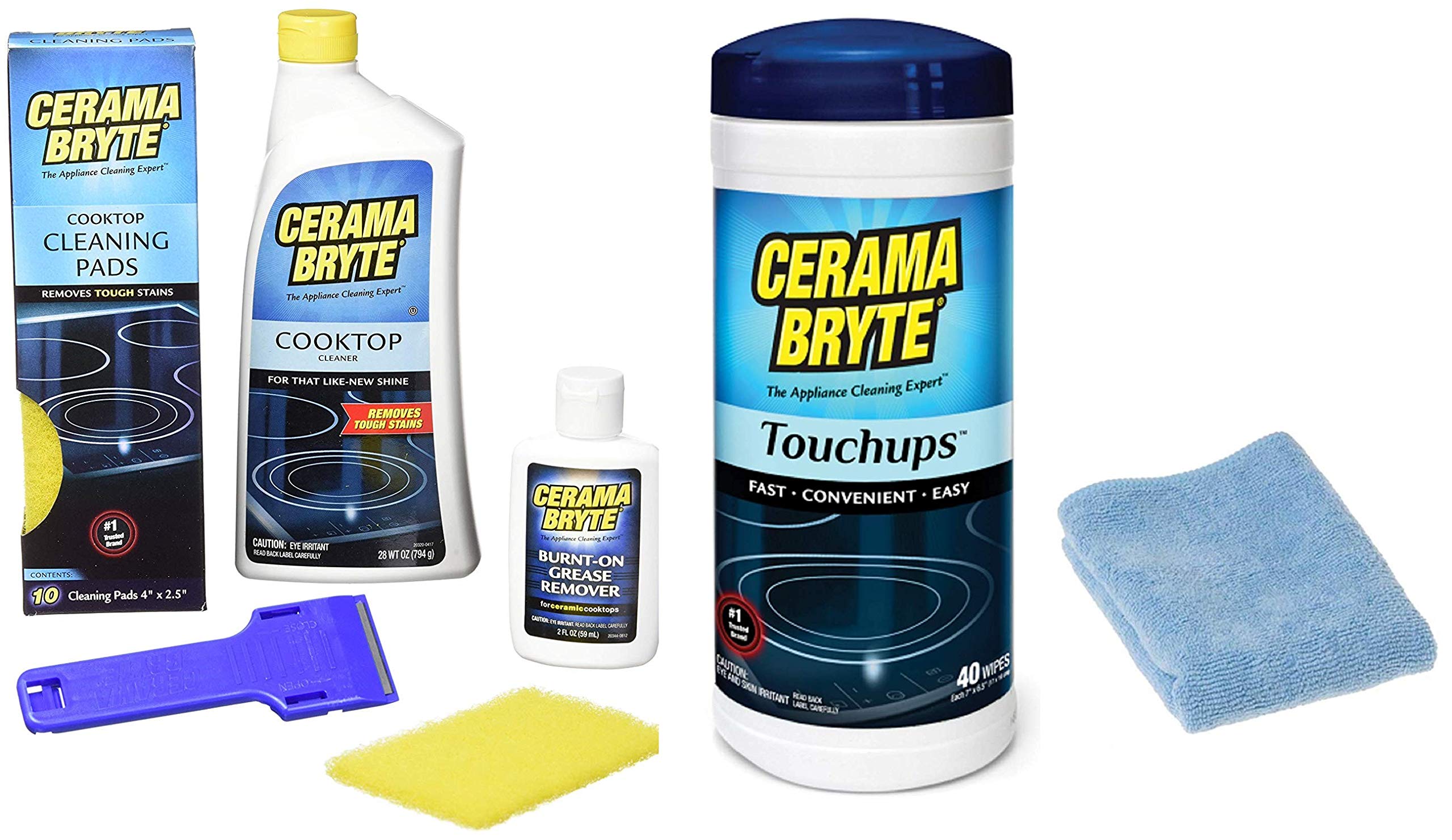 Cerama Bryte 7 pc kit: Ceramic Cooktop Cleaner 28oz, Scraper, 10 Pads, Burnt-on Grease Remover 2oz, 2x40 Pack Touchups wipes, Capshine Microfiber cleaning cloth