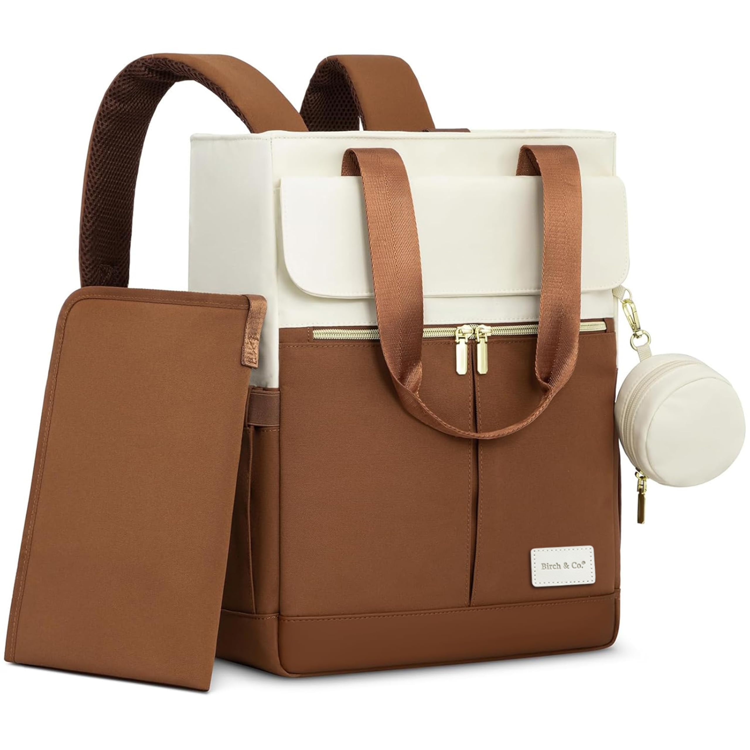 Birch & Co. Diaper Bag for Mothers for Travel – Baby Bag - Stylish Waterproof Baby Backpack with Insulated Compartments, Changing Mat, Spacious for Daily & Travel Use, BrownWhite