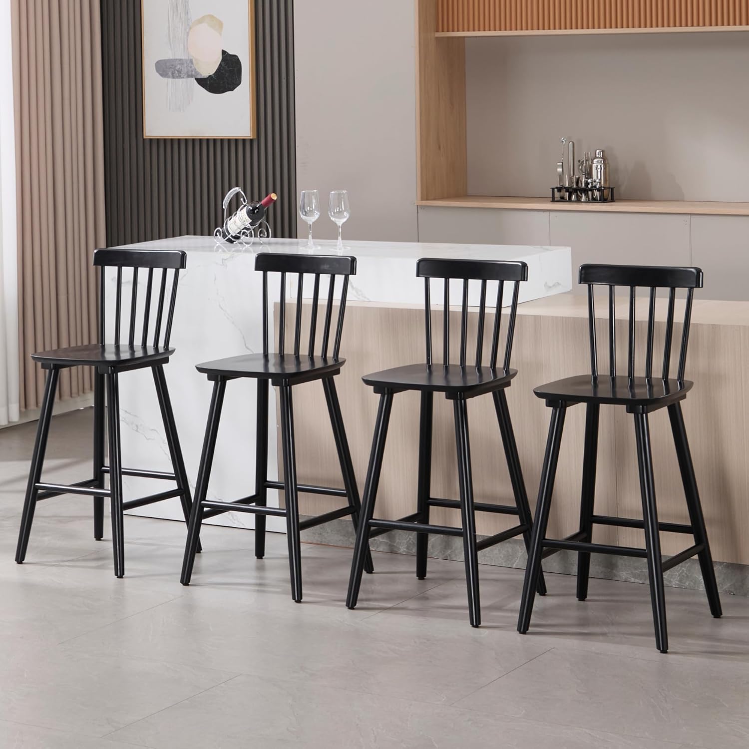 Black Windsor Bar Stools Set of 2, 26 Inch Counter Height Barstool with Spindle Back Farmhouse Wooden Barstools Armless Barchair for Kitchen Island/Pub/Cafe/Outdoor