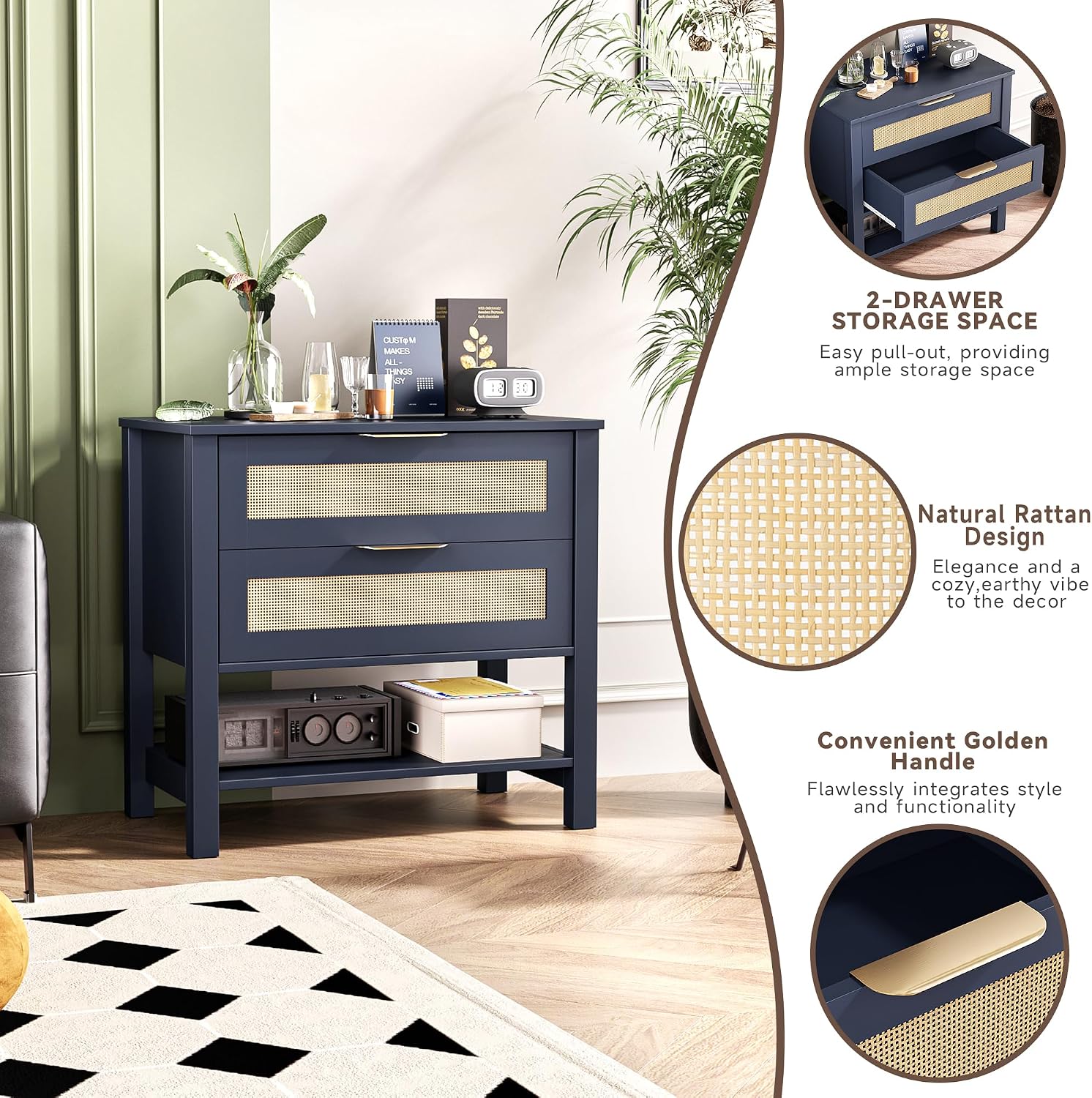 Boho Rattan Nightstand with 2 Drawers, Modern Large Bedside Tables, Wood End Table with Storage Shelf, Large Nightstand for Bedroom, Living Room, Entryway, Navy Blue