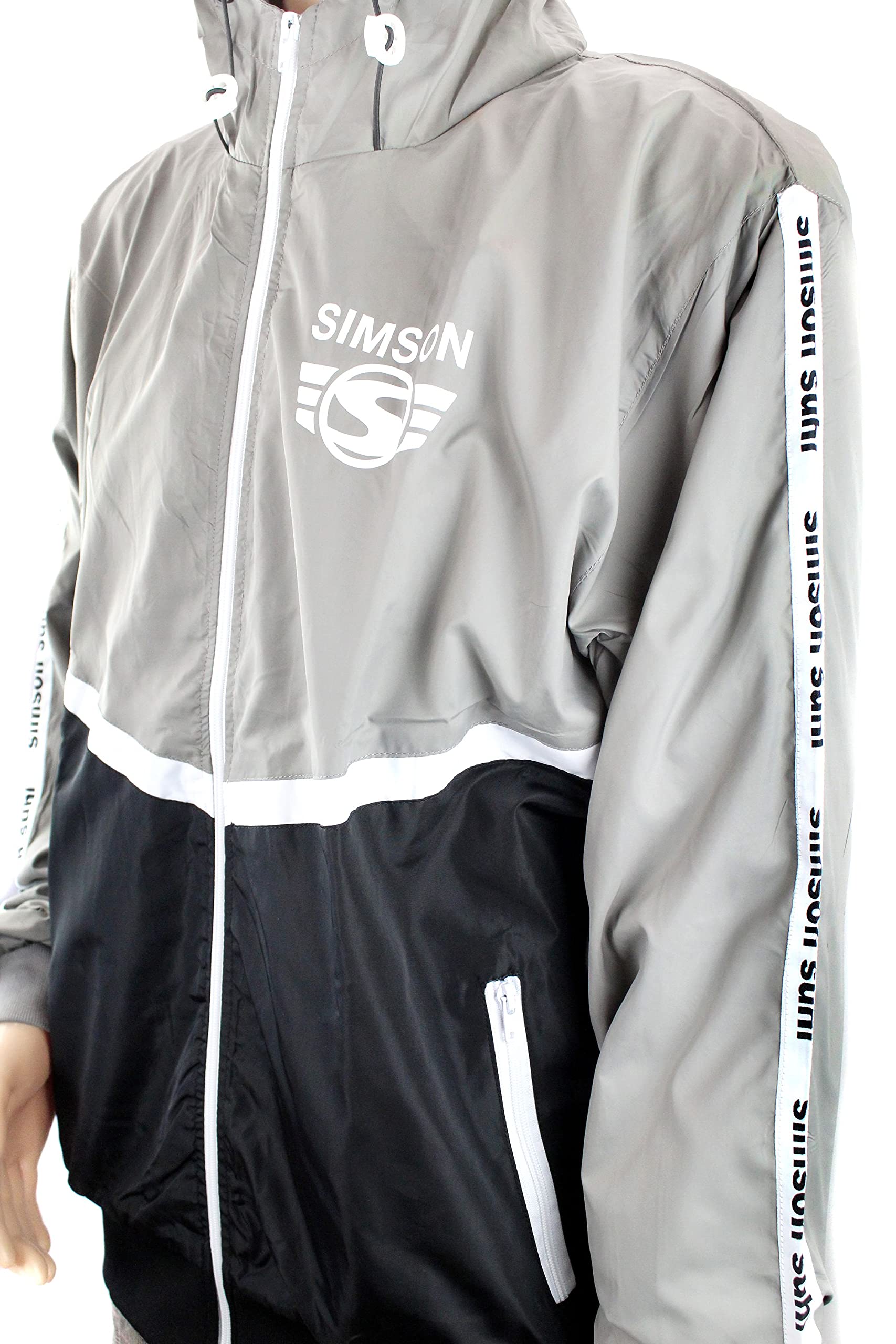 MZA Jacke Windbreaker Simson Suhl, Logo auf Ärmeln und Brust, Kapuze, Farben grau, schwarz und weiß, Größen XS-XXXL, Größe:M