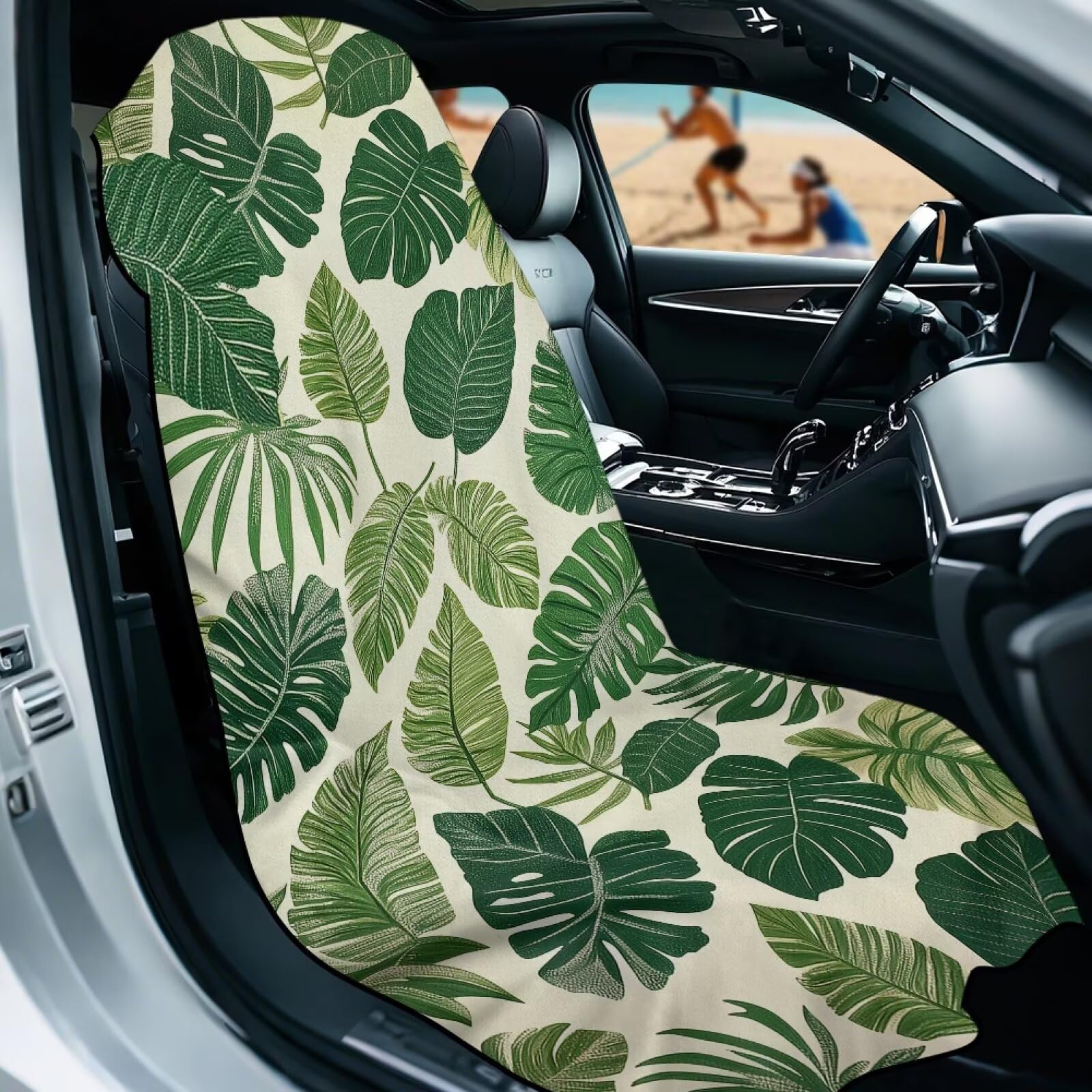 KEIAHUAN Green Palm Leaves Running Towel Car Seat Cover Washable Car Seat Towel for Sweat Protection After Gym Exercise Front Bucket Seats Covers for Kids Pets