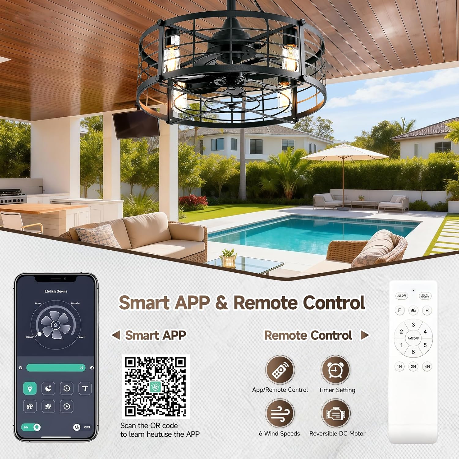 AHAWILL 20" Gazebo Fan, Outdoor Hanging Fan with Llight,6-Speed and Reversible,Plug in Ceiling Fan with Remote&APP,Cage Ceiling Fan with Light for Farmhouse,Gazebo,Patio,Warehouse