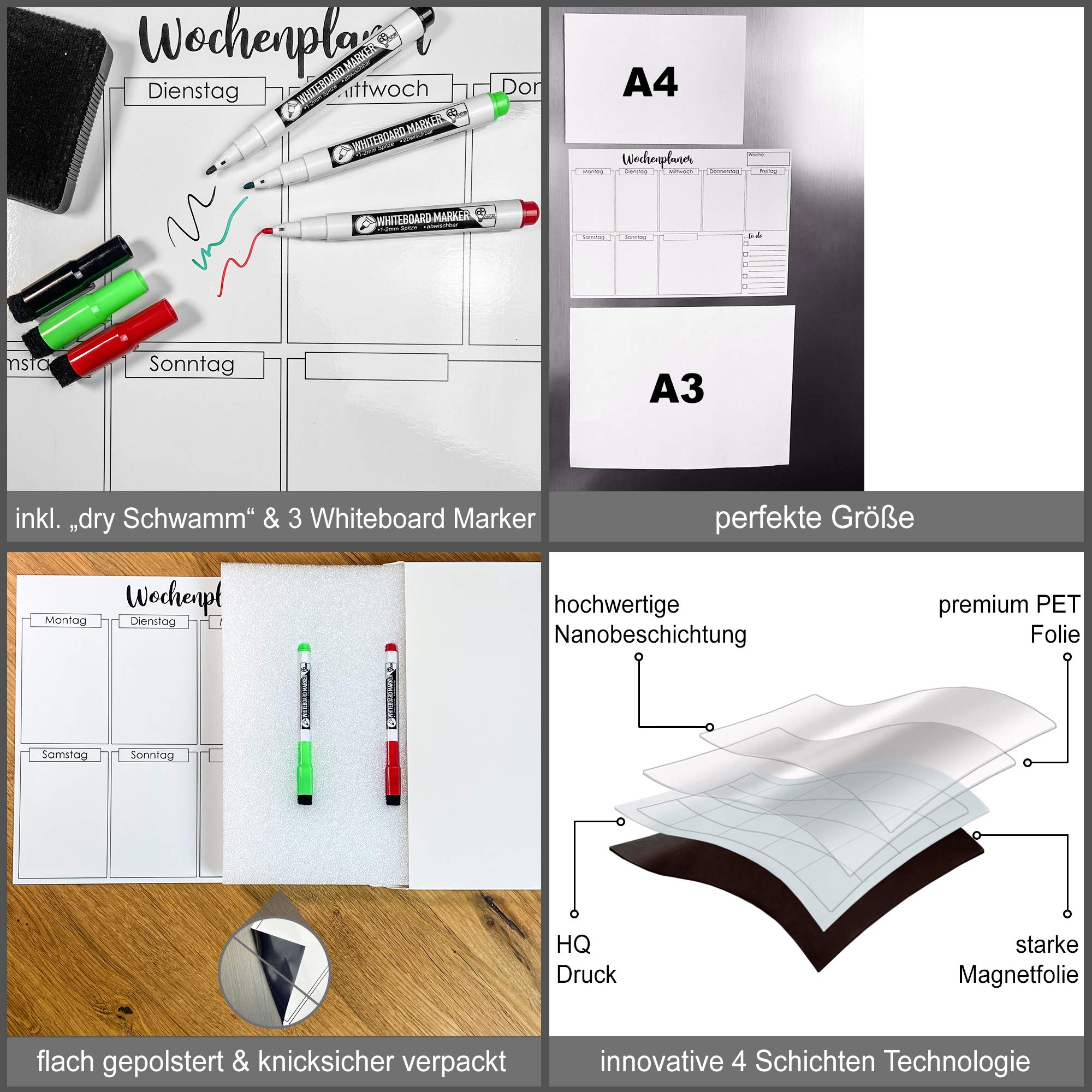 magnetischer Wochenplaner + 3 Whiteboard-Marker& Schwamm/ 38cm x 26cm / abwischbar/Kühlschrank-Planer/Fitness-Planer/Magnet-Planer