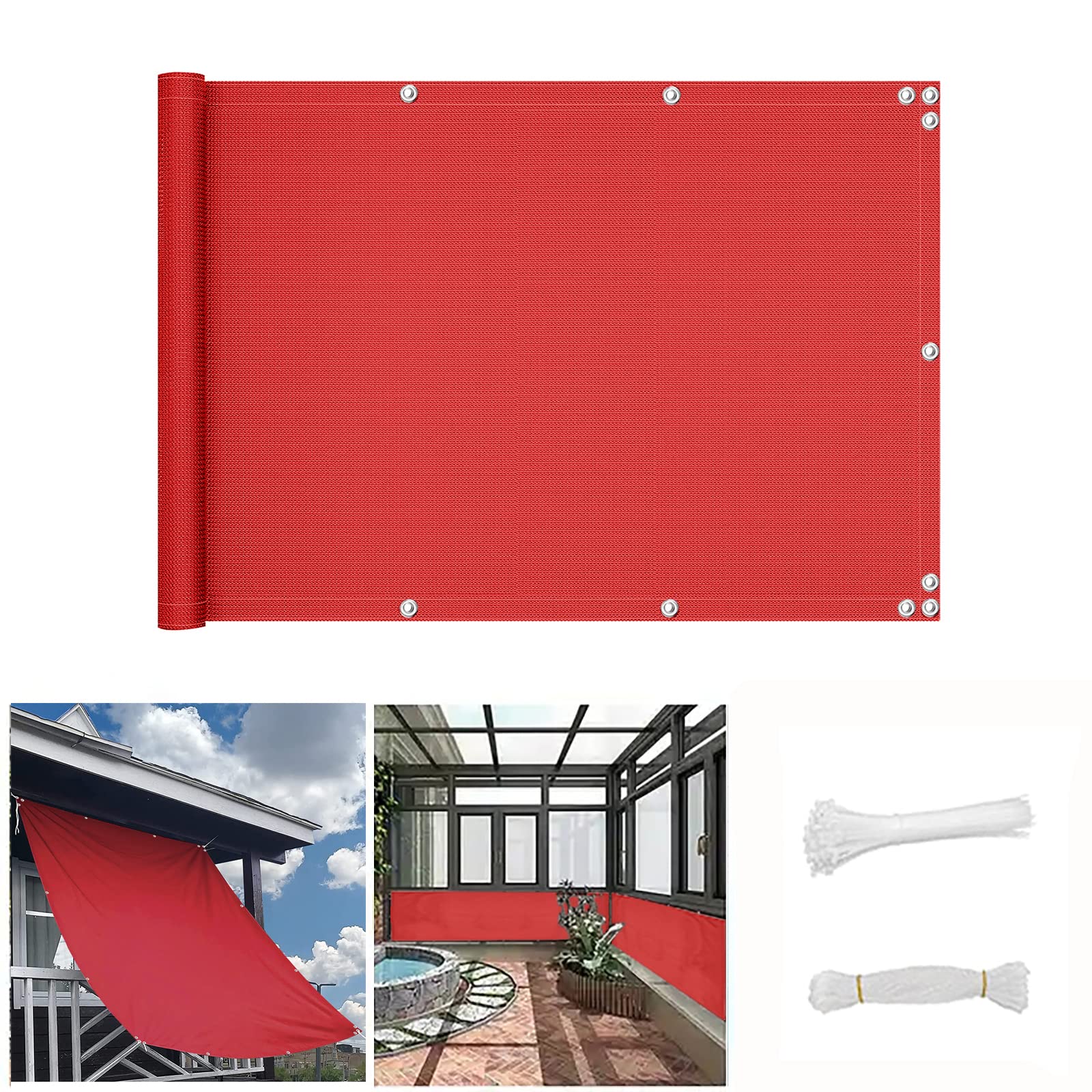 Frangi-Vi wodoodporna osłona balustrady balkonowej, odporna na działanie promieni UV, z oczkami, wiązaniami i sznurkami, czerwona, idealna na tarasy i patio, 110 x 100 cm