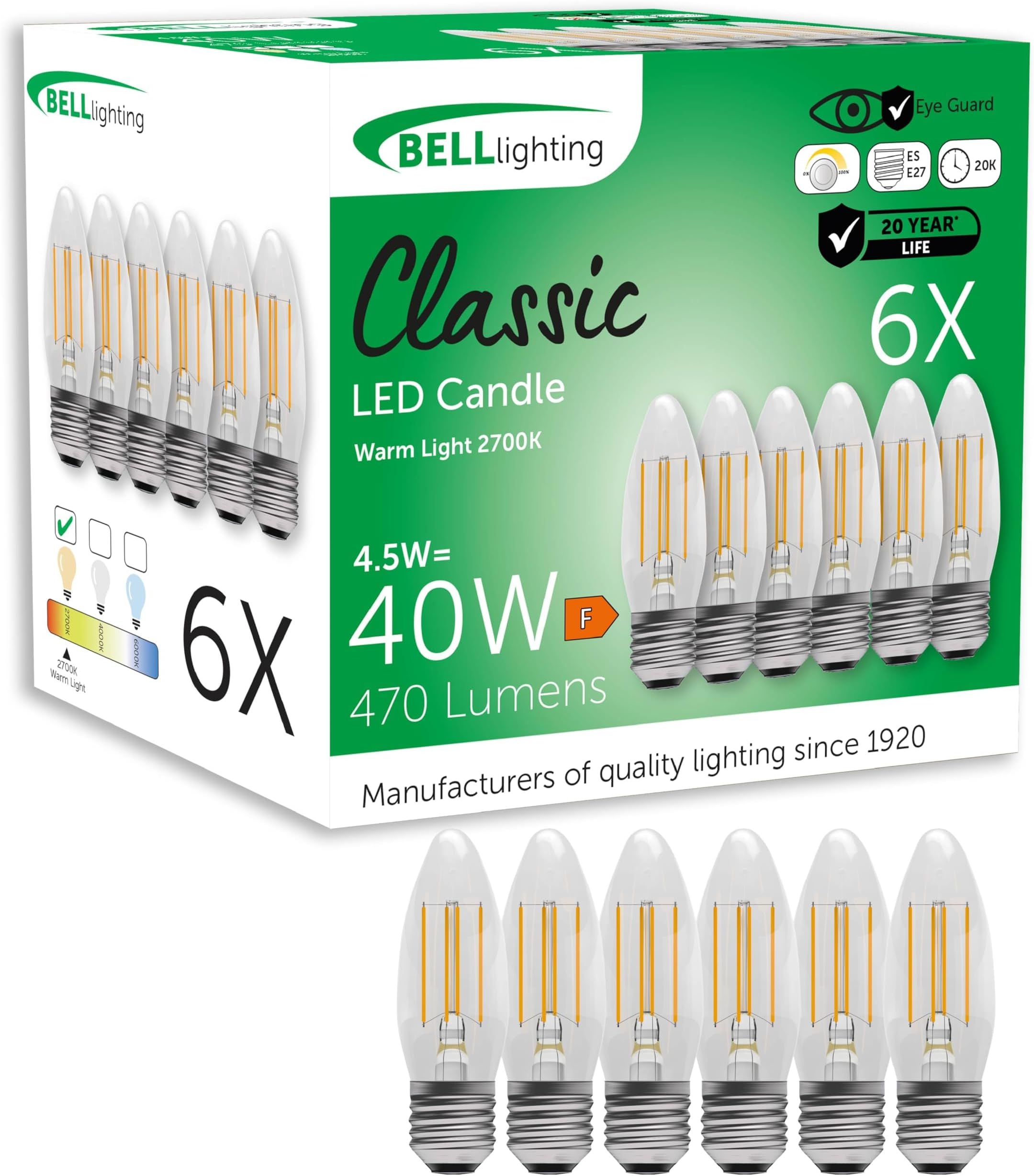 BELL Lighting E27 Edison Screw Cap Filament Dimmable Light Bulb LED Candle 6 Pack | Warm White 2700K | 470 Lumen 4.5W | Energy Saving Candle LED Light Bulb | 40W Lamp Equivalent