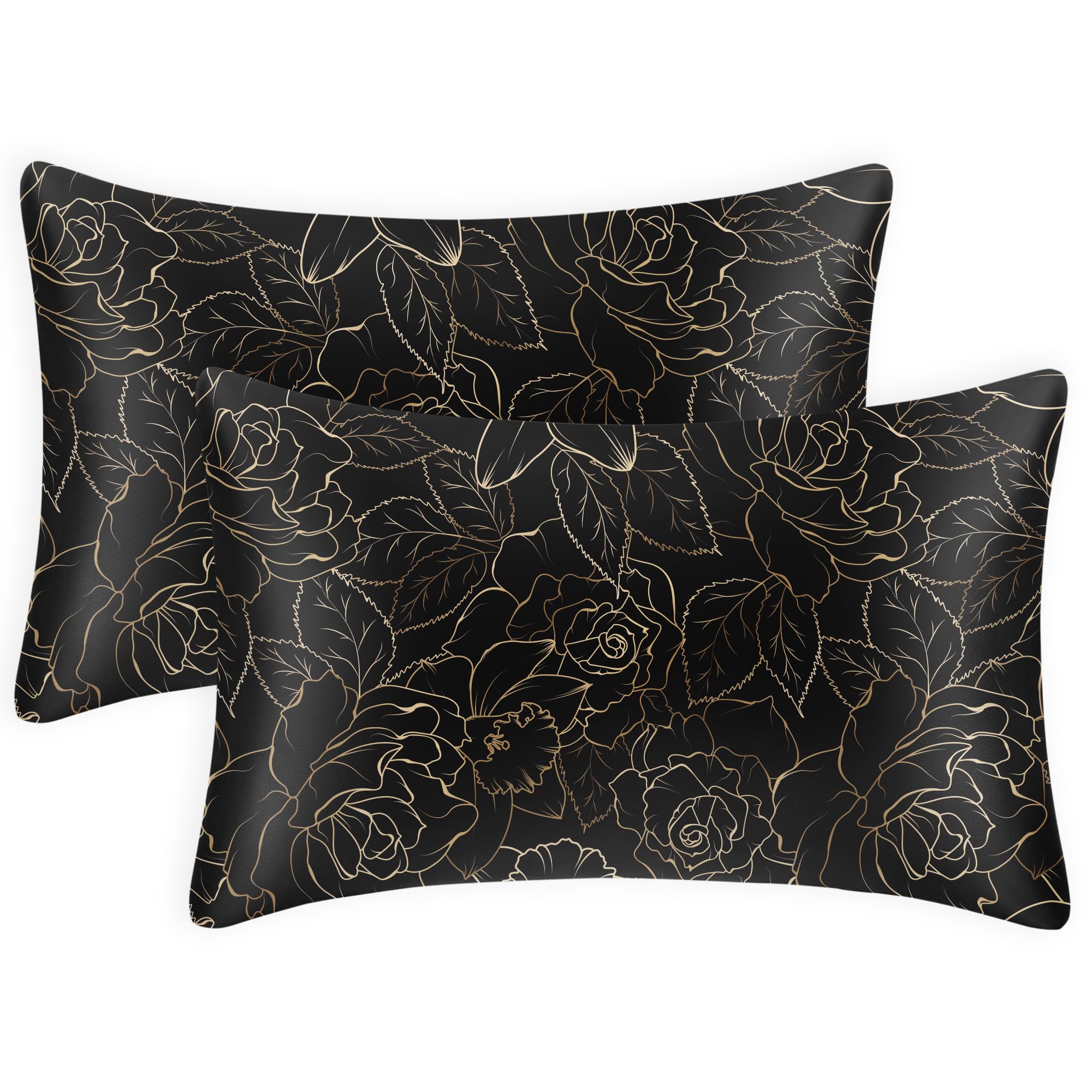 EXQ Home Federa in raso per capelli e pelle Queen - Confezione da 2 federe in raso con stampa rosa su sfondo nero, 50,8 x 76,2 cm, set di 2 federe in raso con chiusura a busta, regali per donne e