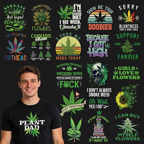 Dazoratix 420 Iron on Transfers - 20 Sheets Weed DTF Ready to Press 420 Heat Patches Bulk Green Leaf Marijuana Cannabis Stickers Vinyl Decals for T Shirts Clothes Bag Hat Pillow DIY Crafts Decorations