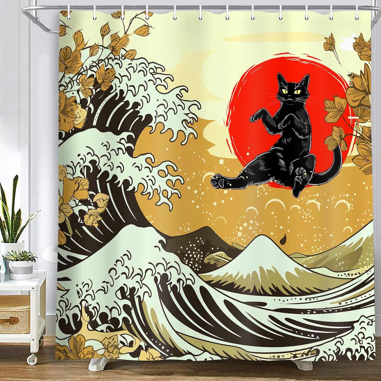 Funny Cat Shower Curtain Vintage Cat Riding Turtle Retro Charm Japanese AnimeBlue Ocean Animal Fabric Waterproof Shower Curtain Cute Hilarious Cat Go Fishing Kids Bath Curtain with 12PCS Hooks 71X84in