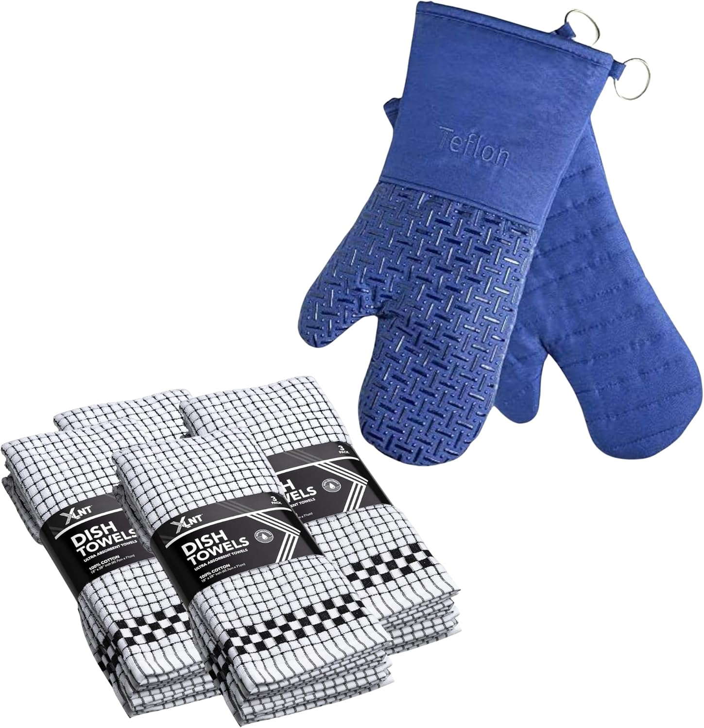 XLNT Blue Extra Long Oven Mitts with Black Highly Absorbent Kitchen Dish Towels - 12 Pack | Teflon EcoElite Water Repellent | Heat Resistant for Oven Cooking, Grill & BBQ | Non Slip Gloves