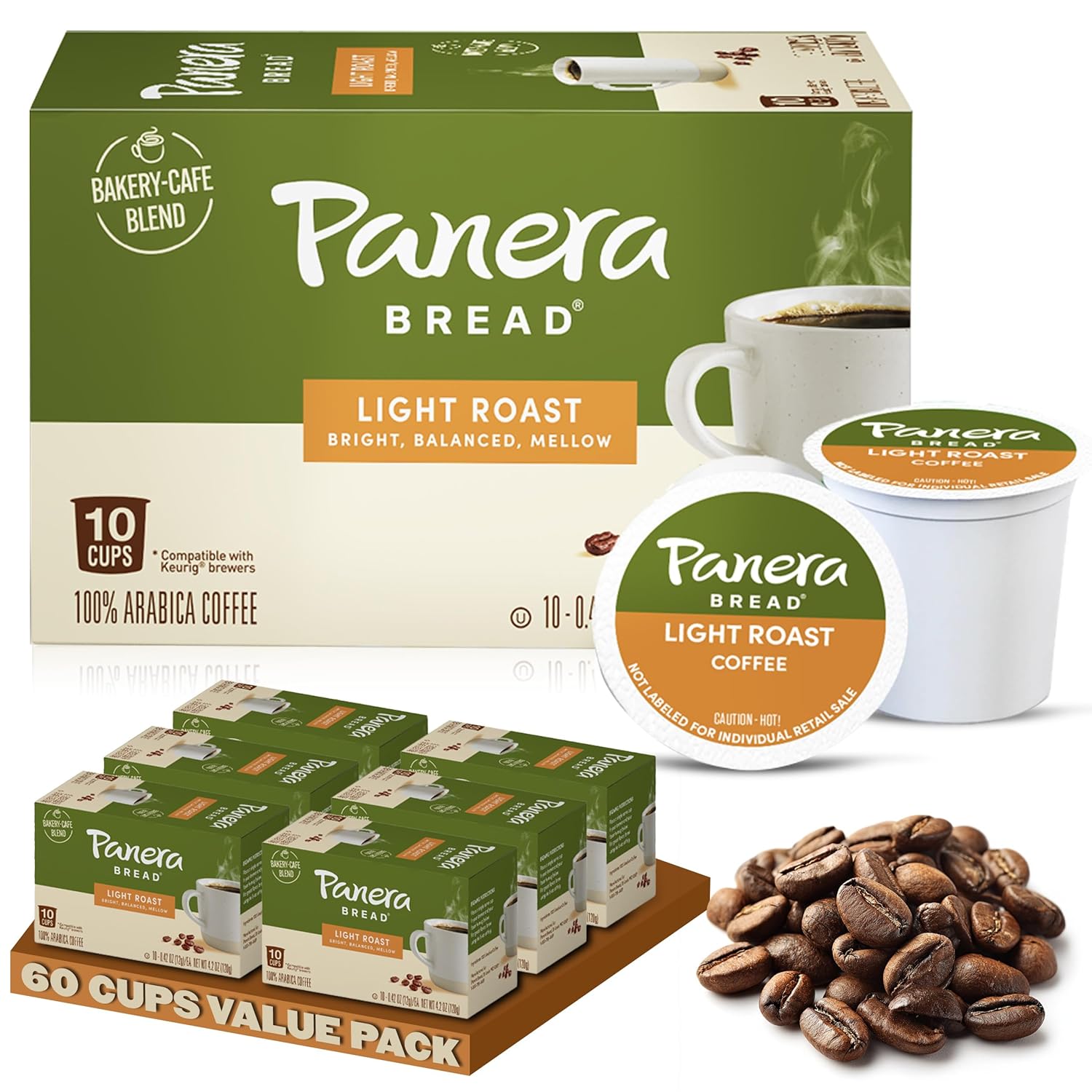 Panera Bread Light Roast Coffee Pods, 100% Arabica Coffee Keurig Compatible Cups, Breakfast Blend Single Serve Pods, Smooth & Balanced, Kosher Certified, 60 Single Serve Pods (6 Packs of 10)