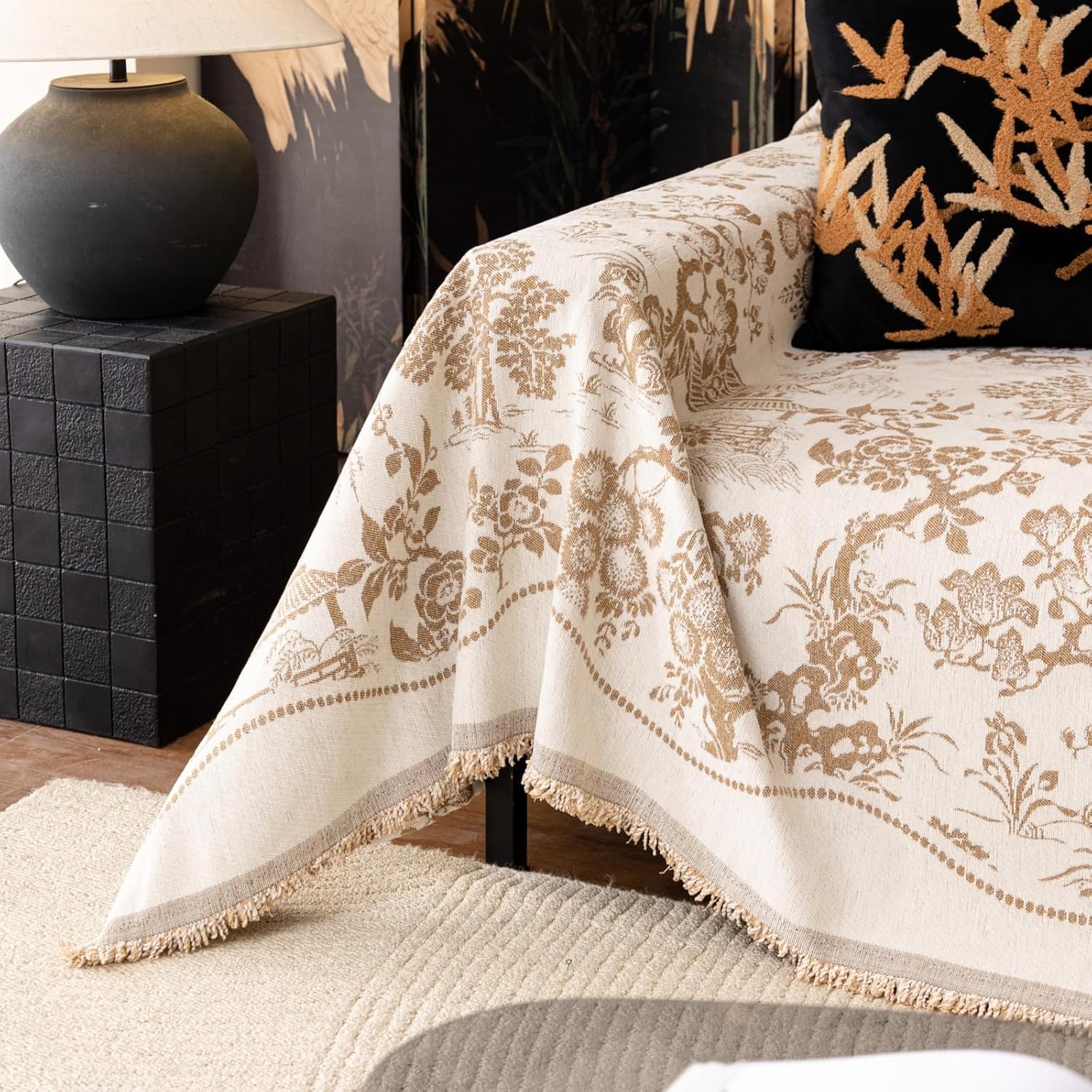 French Country Couch Cover for 3 Cushion Sofa, Chinoiserie Reversible Couch Cover Sectional L Shape, Farmhouse Beige Home Decor Chenille Non Slip Washable Large Couch Protector for Dogs 71"x118"