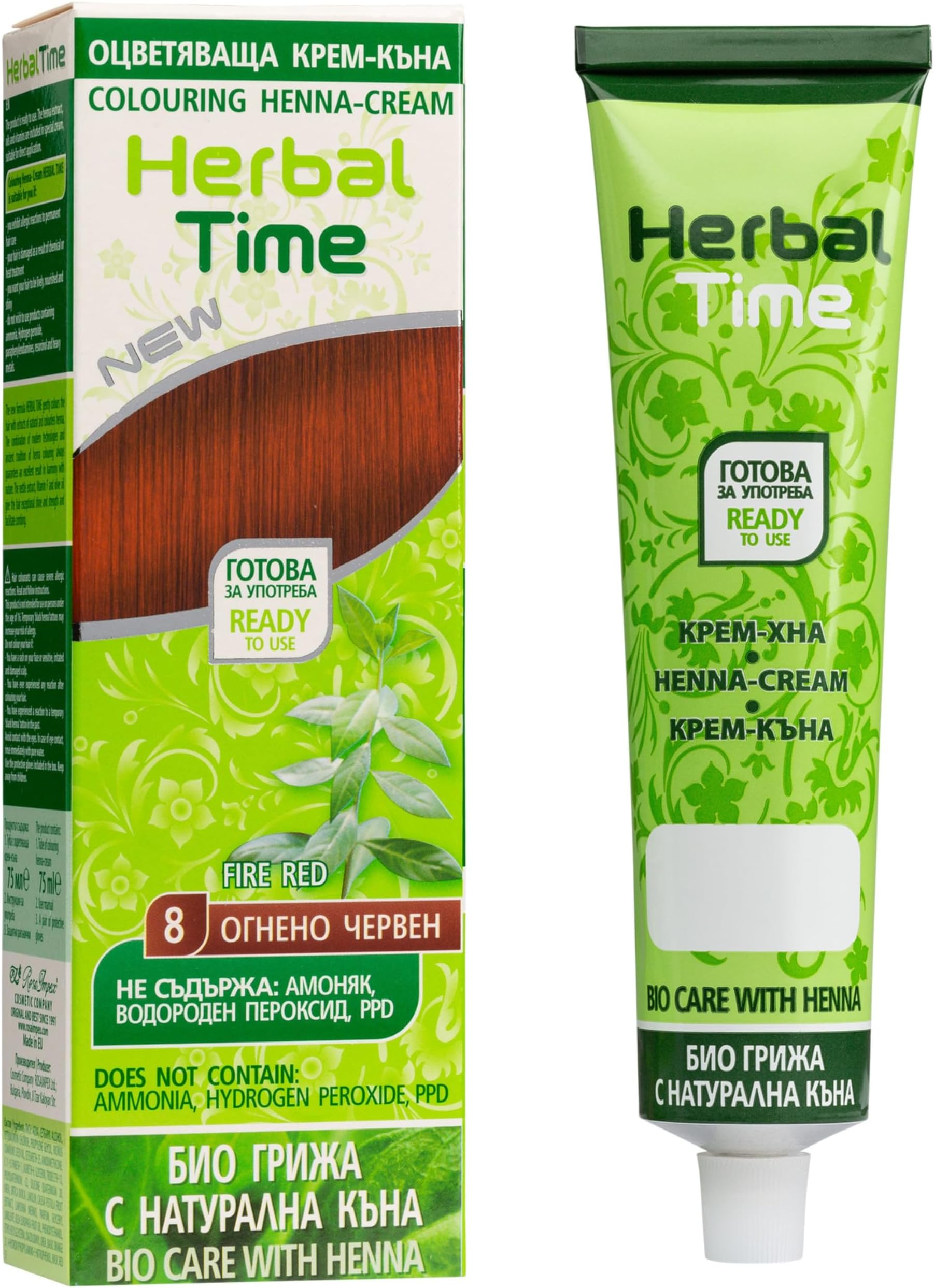 Herbal Time Henna Natural Color Fire Red Nº 8 | Coloring Cream With Nettle Extract | Gray Hair Cover | Temporary Dye | Ammonia, Sulfates, Parabens Free | 75 ml
