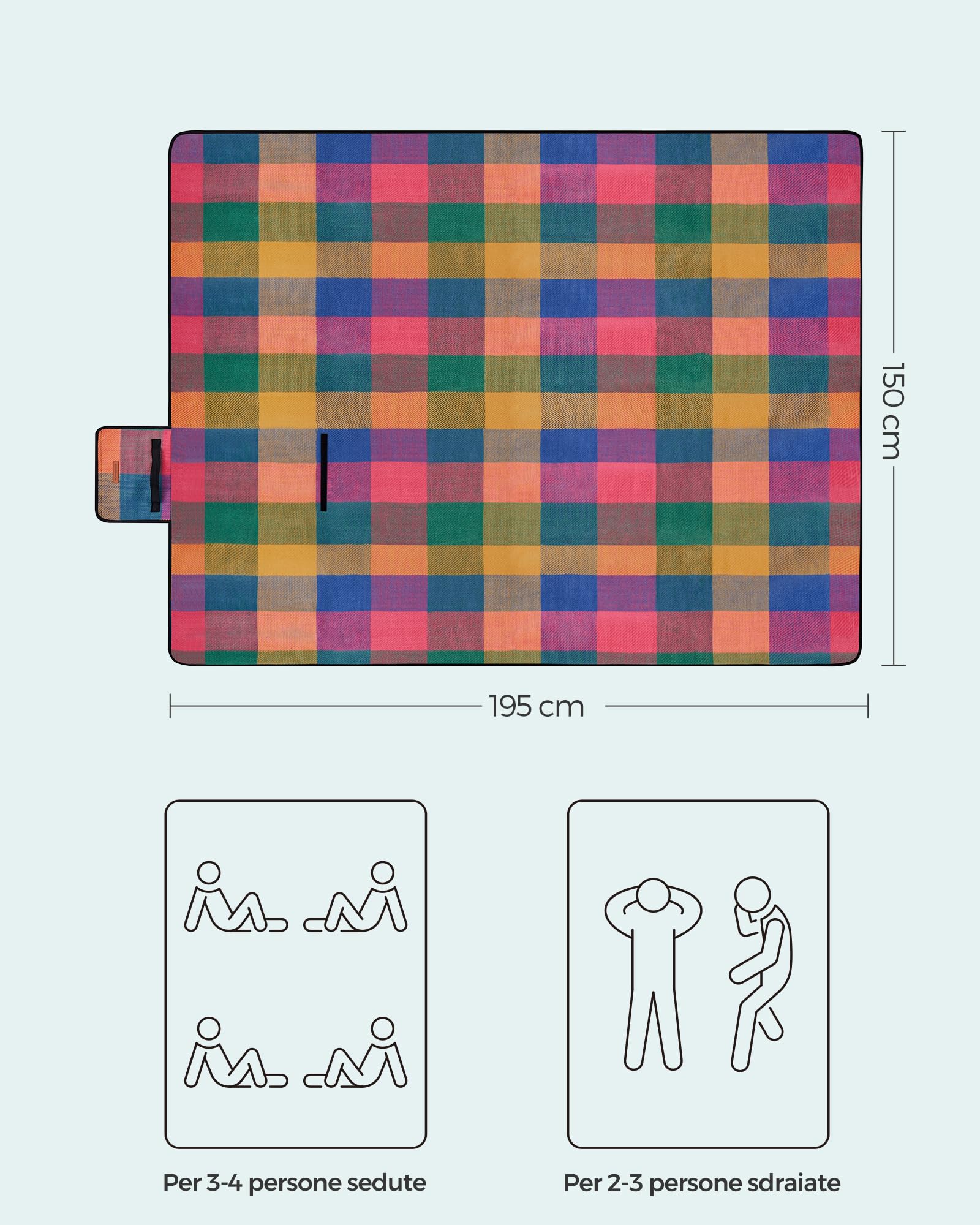 SONGMICS Coperta da Pic-nic, Tappeto da Campeggio o Giardino, Impermeabile e Pieghevole, con Manico, Multiuso, 195 x 150 cm GCM50K
