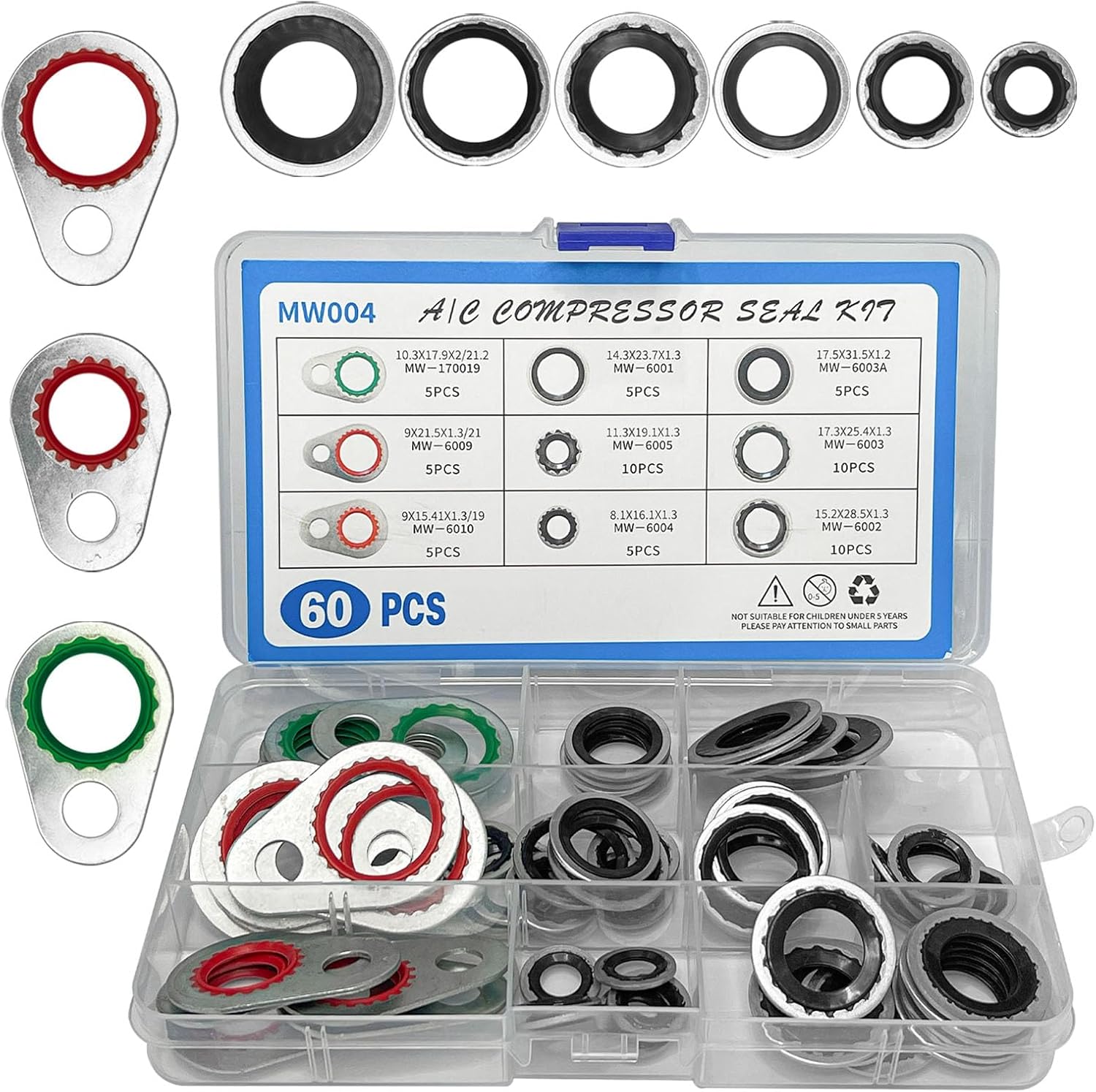 60PCS A/C Seal Kit, AC O Ring Kit Fits Most Cars, Multiple Portable AC Gasket Seal Kits,Air Conditioning System Compressor Gasket Seal Assortment Set, Automotive Parts Replacement