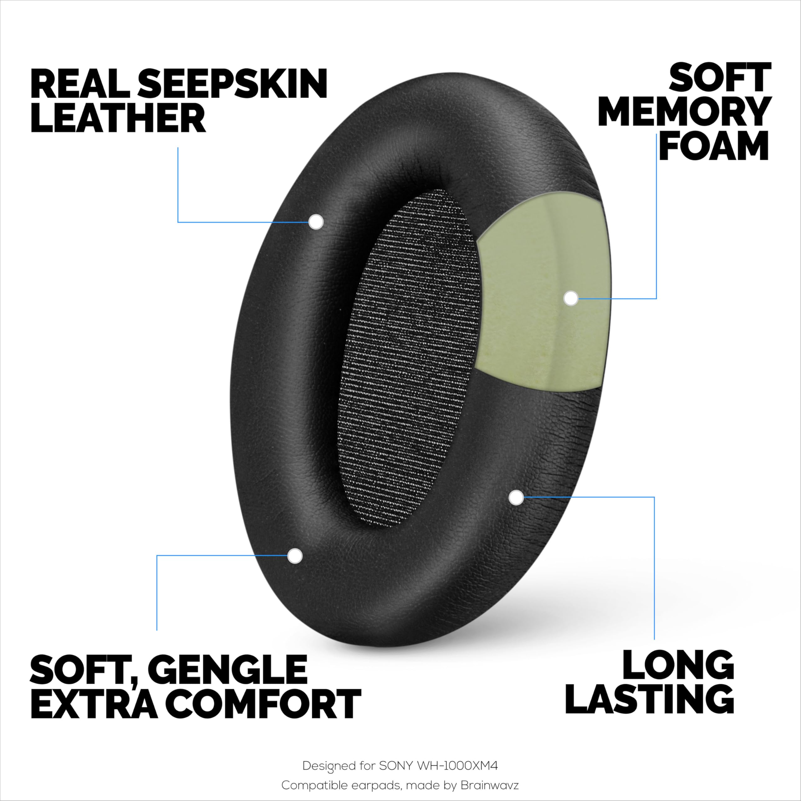Cuscinetti auricolari in pelle di pecora per cuffie Sony WH-1000XM4, in vera pelle morbida, memory foam, extra comfort, resistenti e di lunga durata Brainwavz