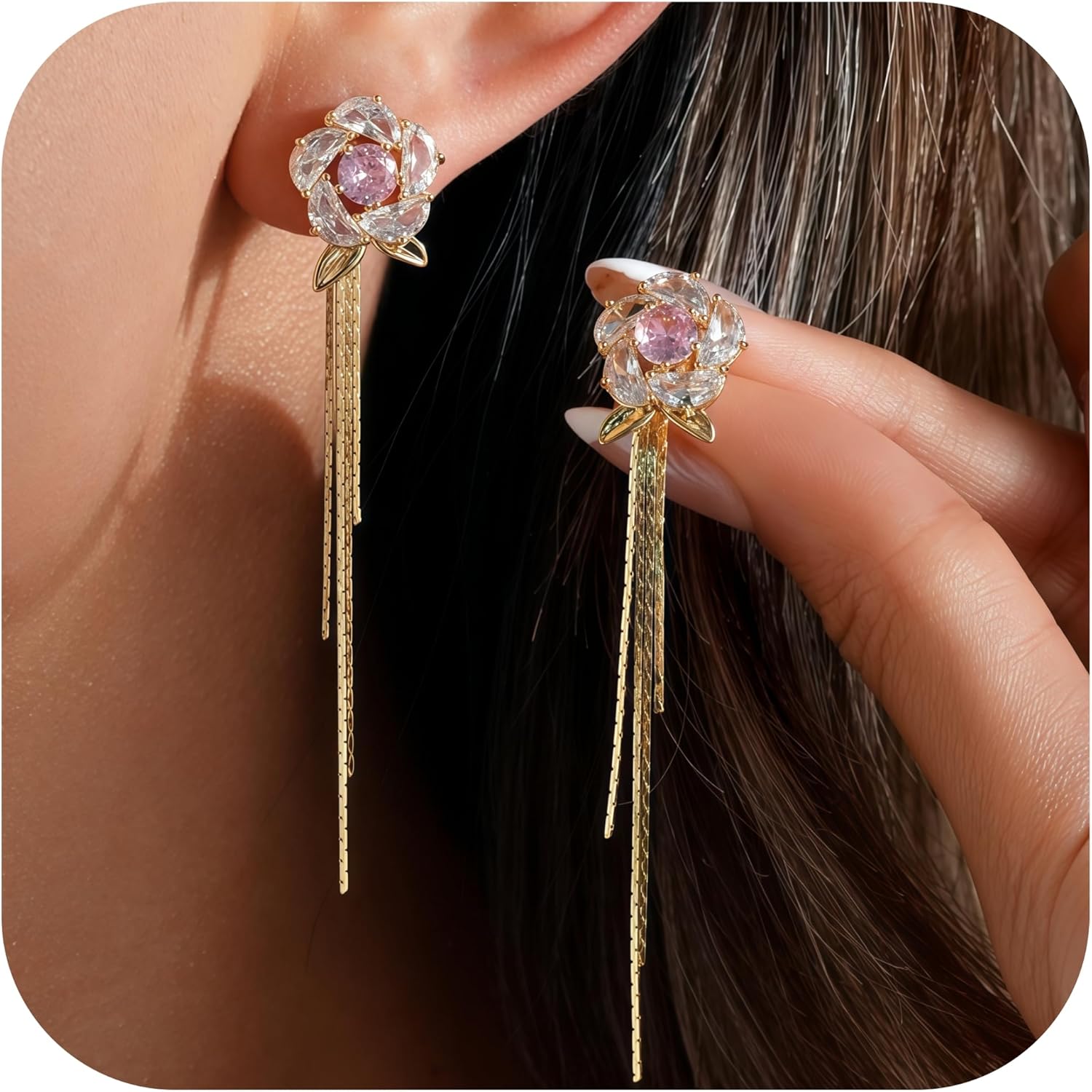 Dangle Flower Floral Buterfly Pearl Drop Earrings for Women, 14K Gold Plated, Hypoallergenic, Solid 925 Sterling Silver Post, CZ Cubic Zirconia Stud Earrings, Long Tassel Chain, Wedding Bridal Statement Jewelry Gifts - Image 3