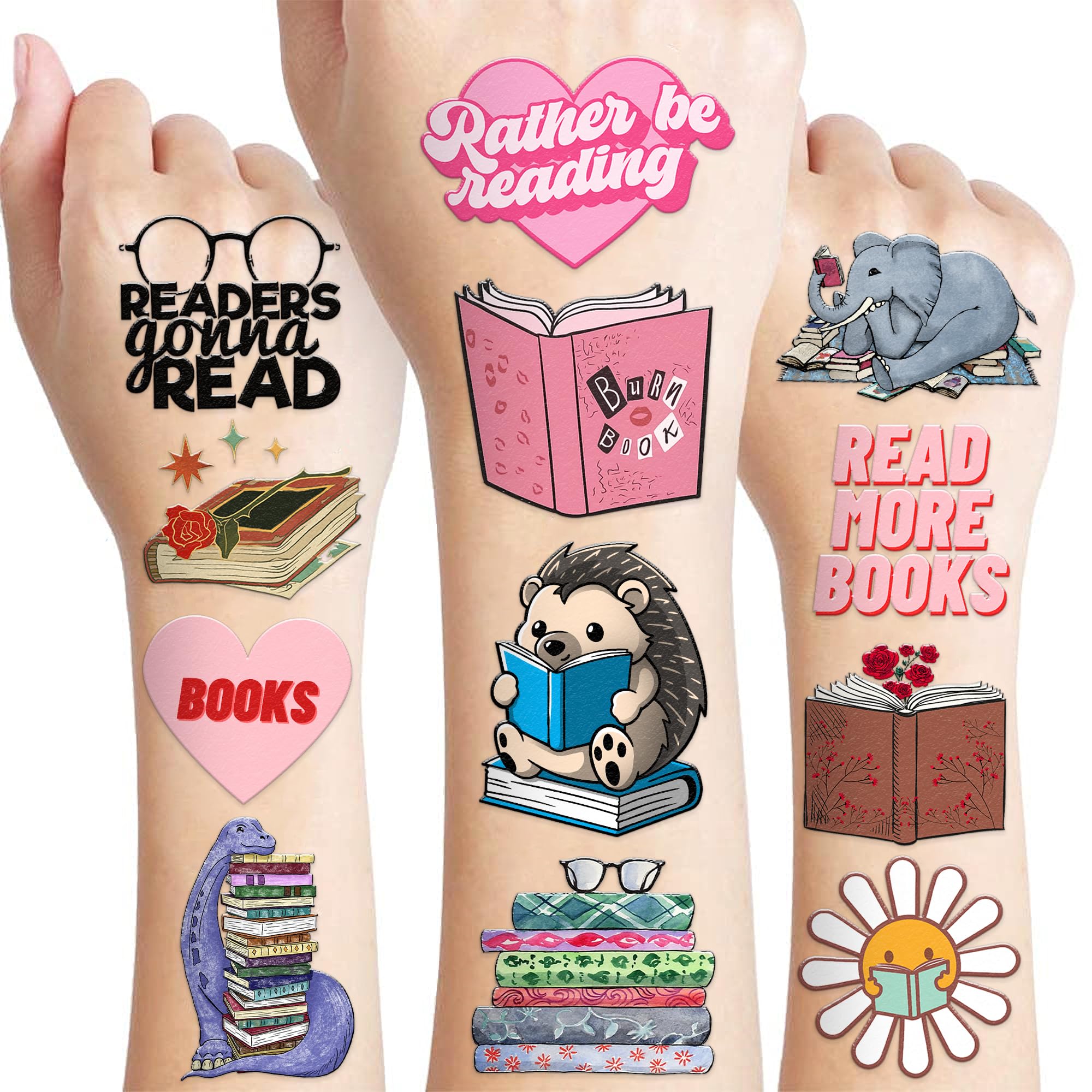 96 PCS Reading Book Library Pre-Cut Temporary Tattoos Sticker Booklish Nerd Birthday Party Decorations Favors Supplies Gifts Boys Girls Teachers Adult Tattoo School Reward Themed (Normal)