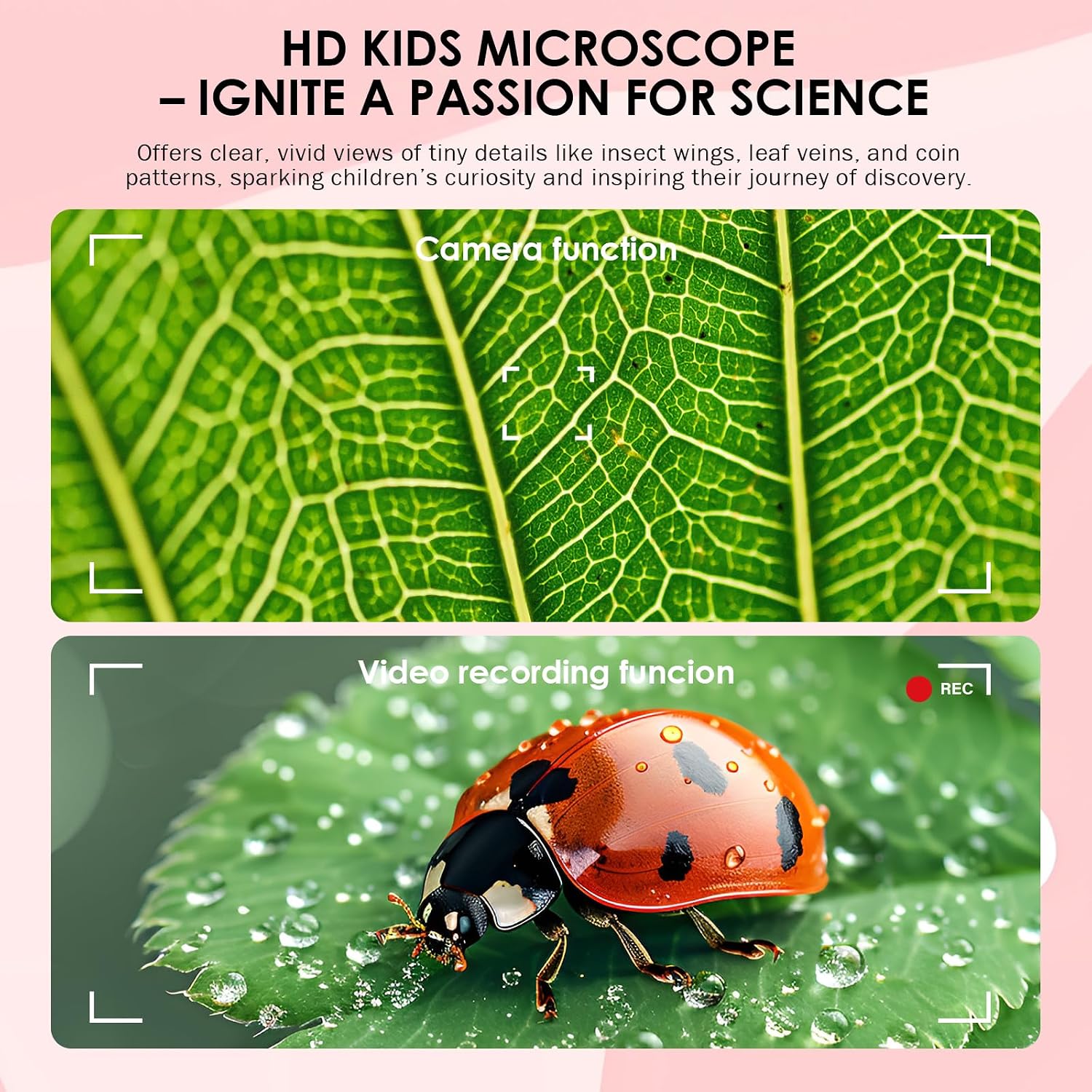 1000X Kids Microscope, 3-in-1 Miniscope, STEM Gift Toy for Girls, Pink | 2 inch IPS screen, photo and video, rechargeable, no app needed. Creative STEM birthday gift for girls ages 6-12.
