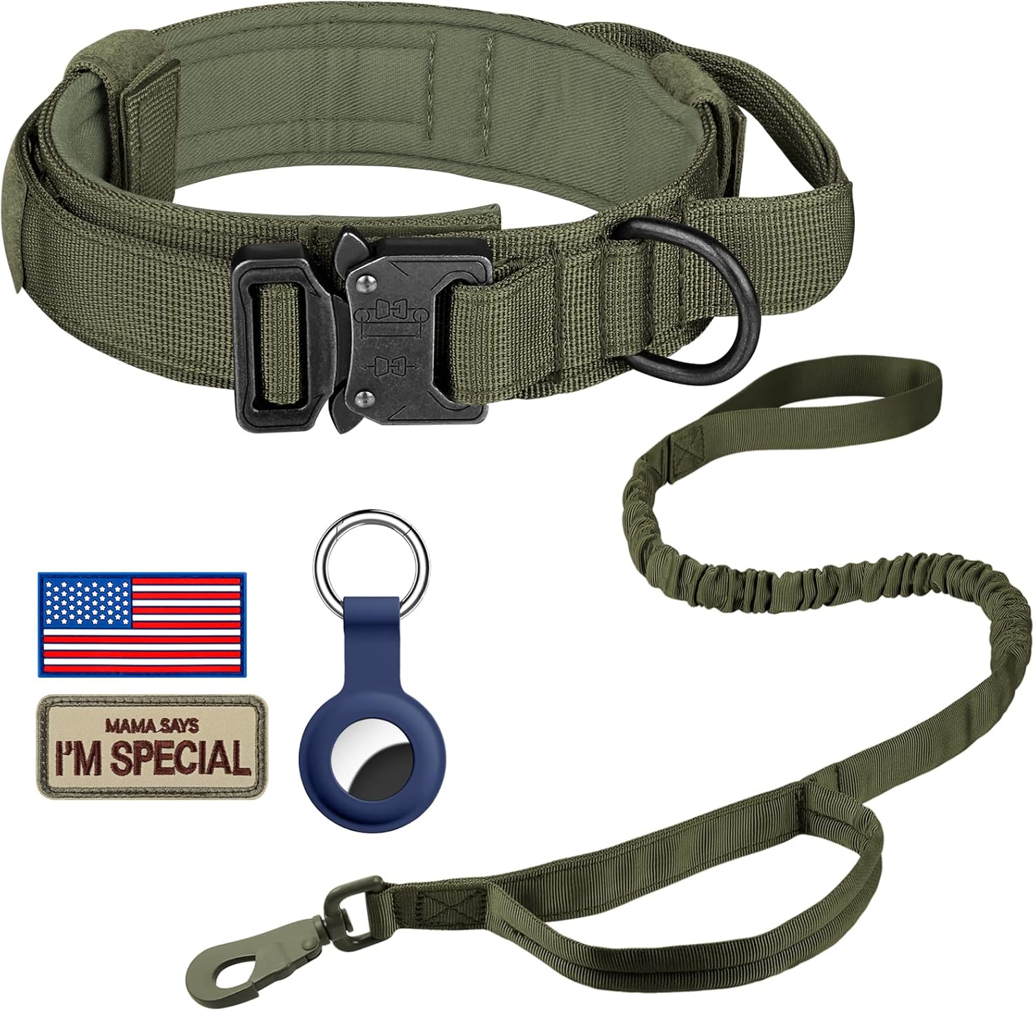 DAGANXI Tactical Dog Collar, Adjustable Military Training Nylon Dog Collar with Control Handle and Heavy Metal Buckle for Medium and Large Dogs, with Patches and Airtags Case (M, Green-Set)
