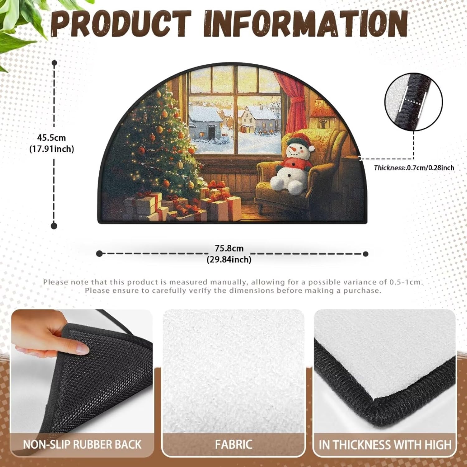 Christmas Doormat Indoor Snowman Outdoor Rug Quick Absorbent Entrance Rug Resist Dirt Front Door Mat Non-Slip Holiday Bedroom Carpet Semi-Circular Durable Patio Rug