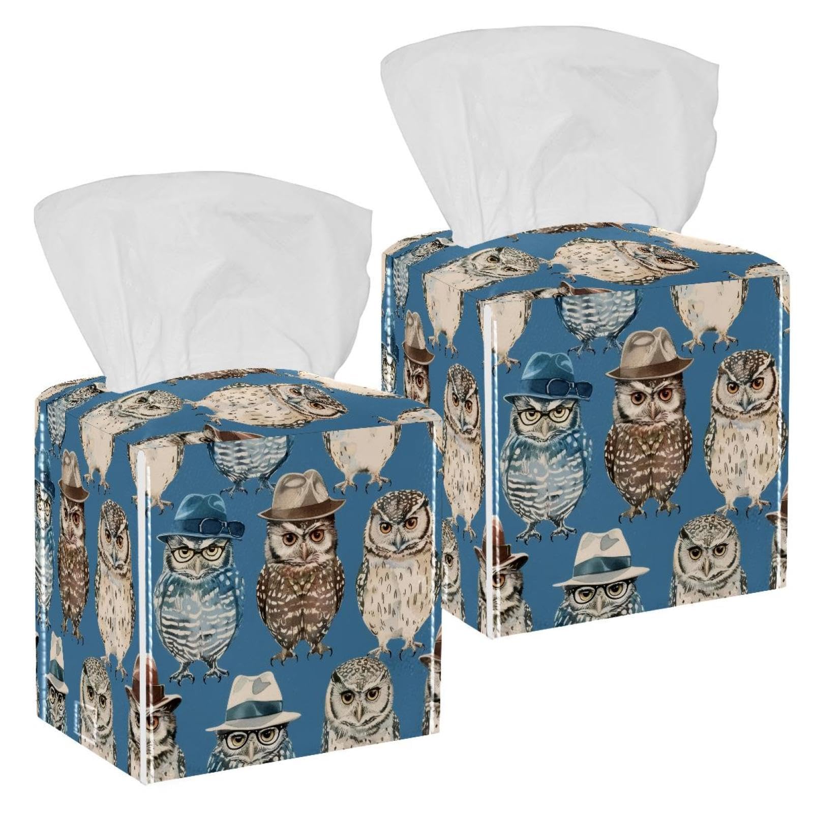 Owls Vintage Tissue Box Cover, 2 Pack PU Leather Square Facial Tissue Dispenser Box holder for Home Office Car