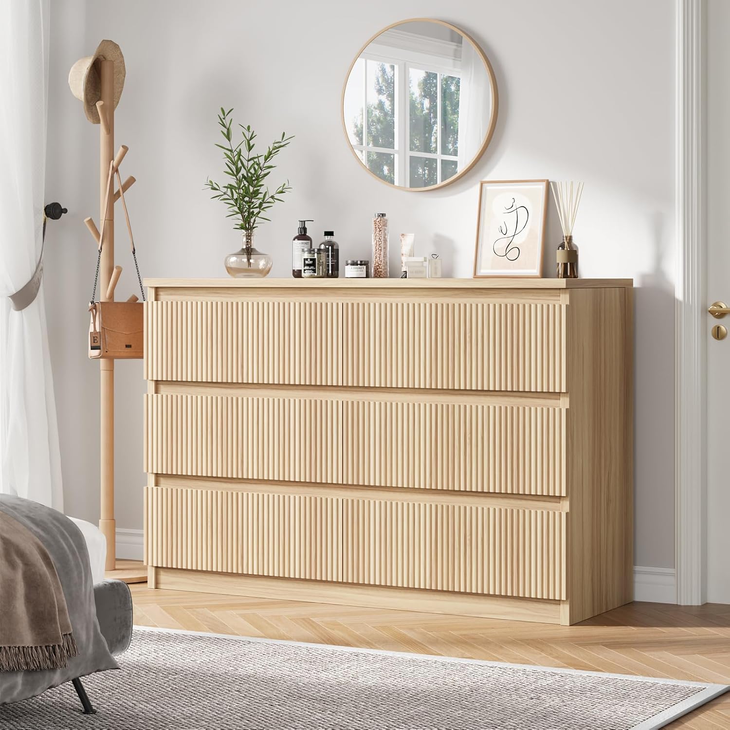 Oak 6 Drawer Dresser for Bedroom, Modern Fluted Dresser, Bedroom Dressers with Drawers, Large Double Wooden Chest of Drawers for Living Room, Hallway - Image 8
