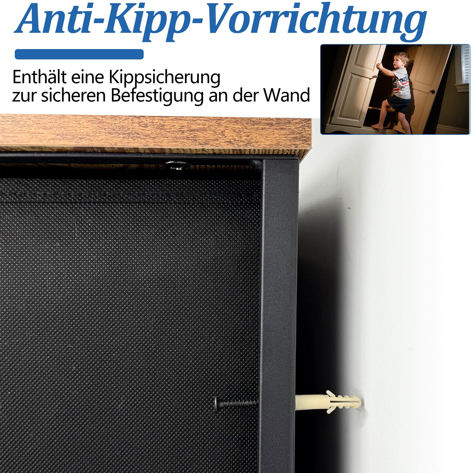 Kommode mit 9 Schubladen aus Stoff, Kinderzimmer Organizer für Schlafzimmer, Aufbewahrungsturm mit Schrank Metallrahmen Holzplatte, Vintagebraun-Schwarz